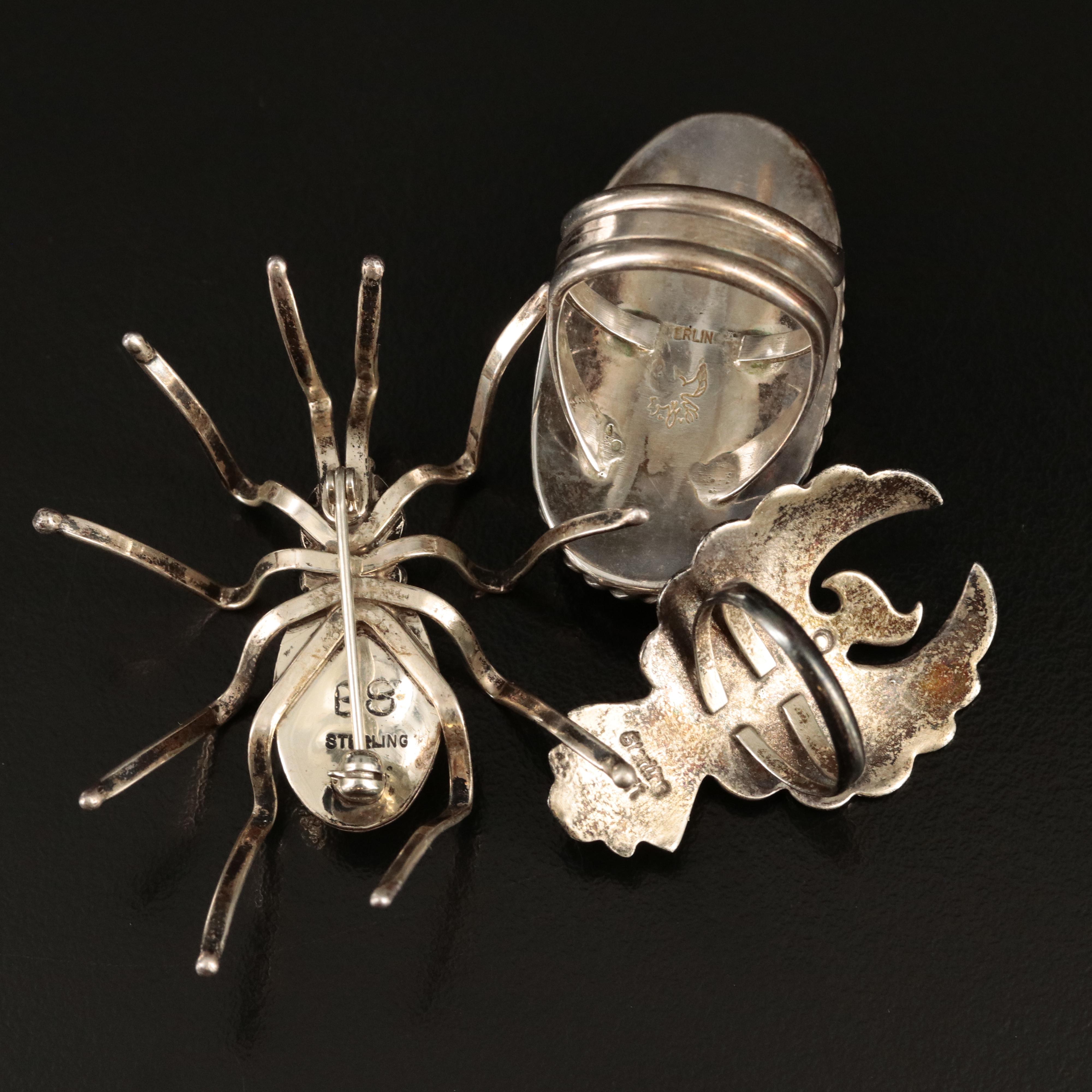 E. Spencer Navajo Diné Spider Brooch and Southwestern Signed Rings in Sterling