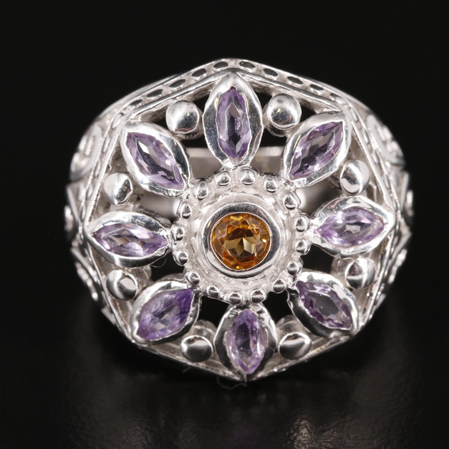Sterling Citrine and Amethyst Flower Ring
