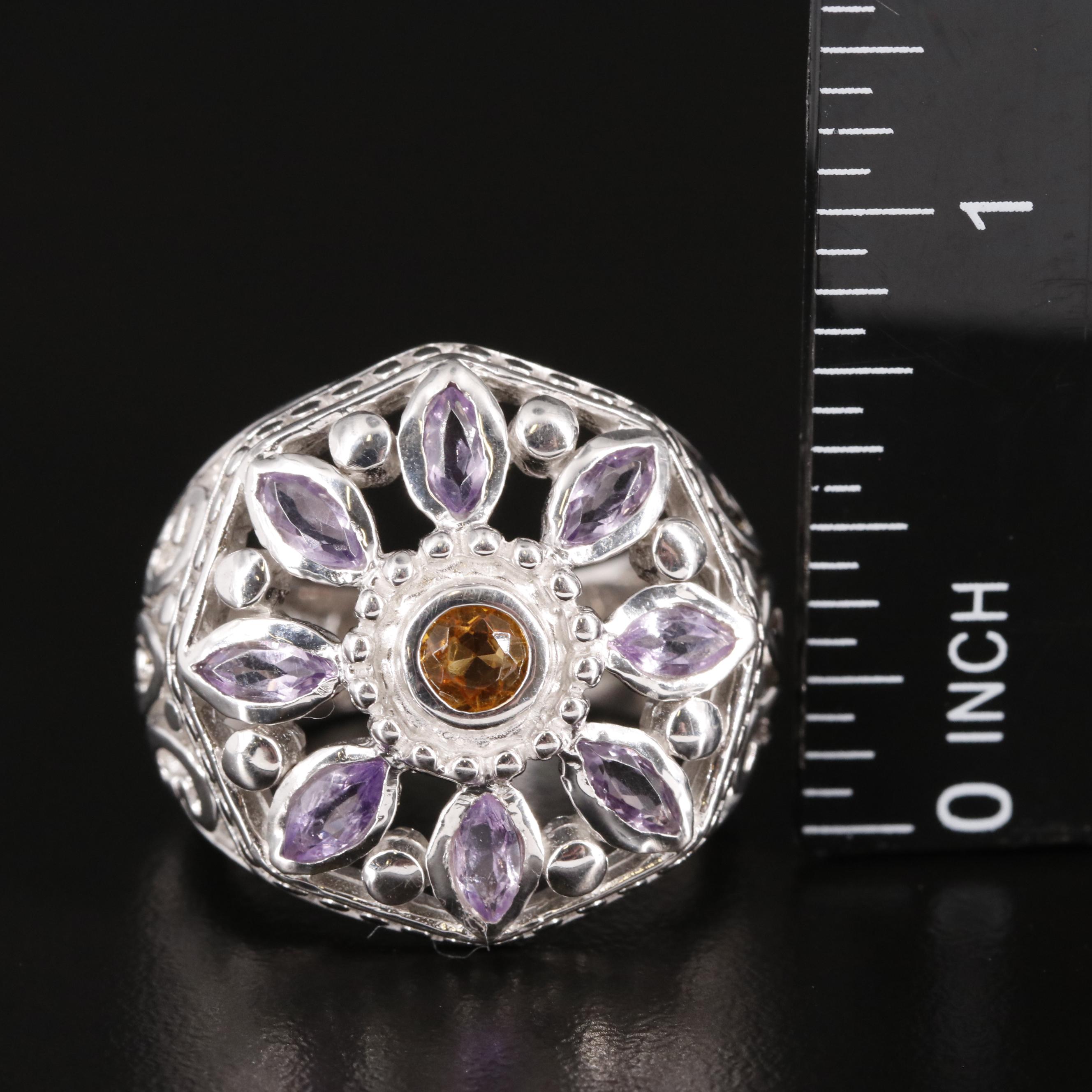 Sterling Citrine and Amethyst Flower Ring