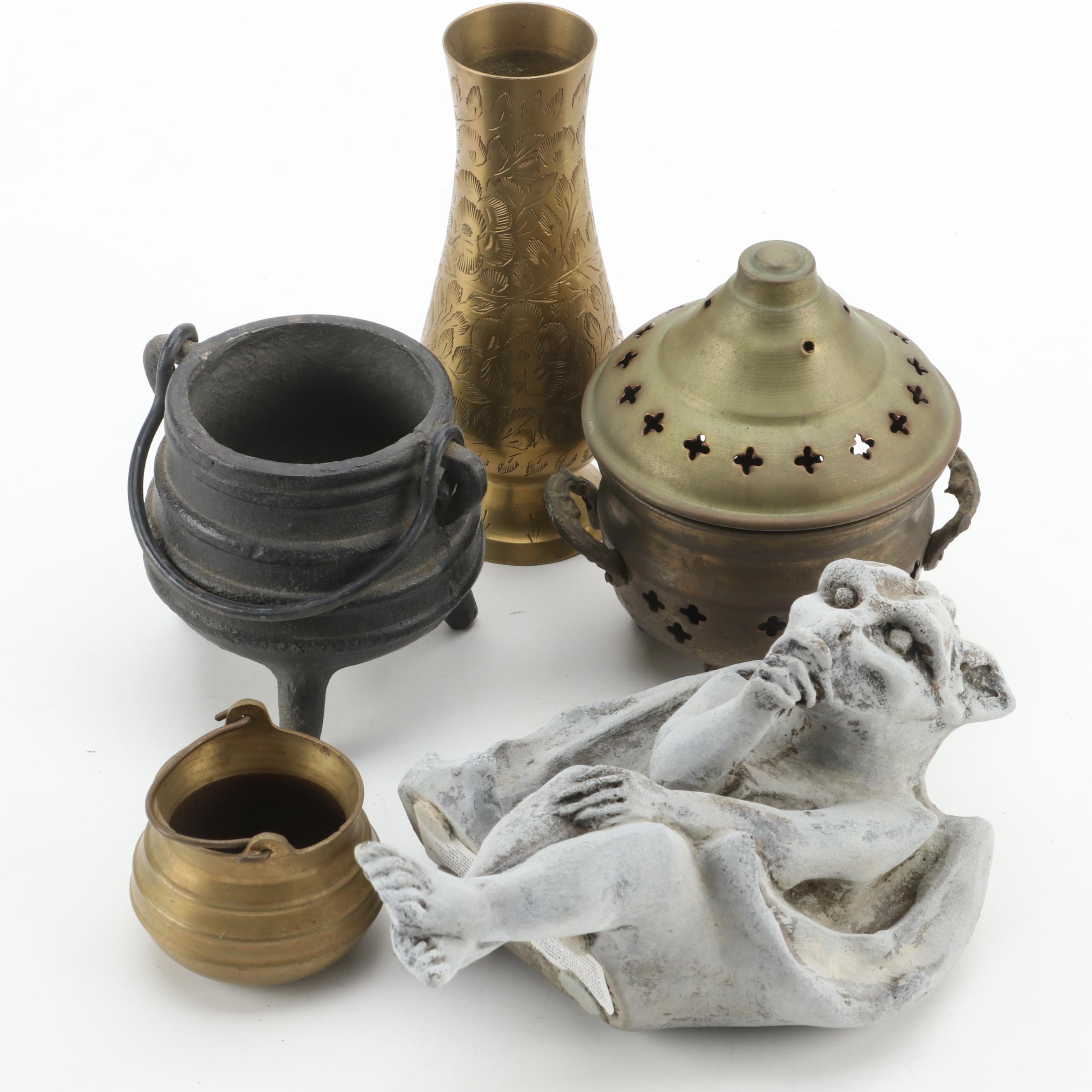 Brass Incense Jar, Bud Vase, "Baby Goyle" Gargoyle and Decorative Cauldrons