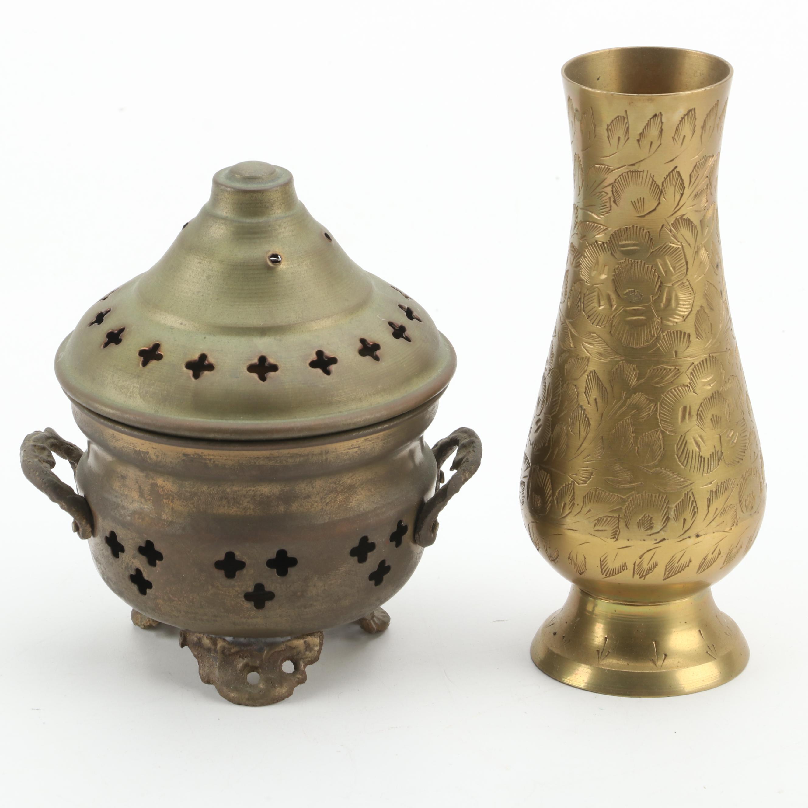 Brass Incense Jar, Bud Vase, "Baby Goyle" Gargoyle and Decorative Cauldrons
