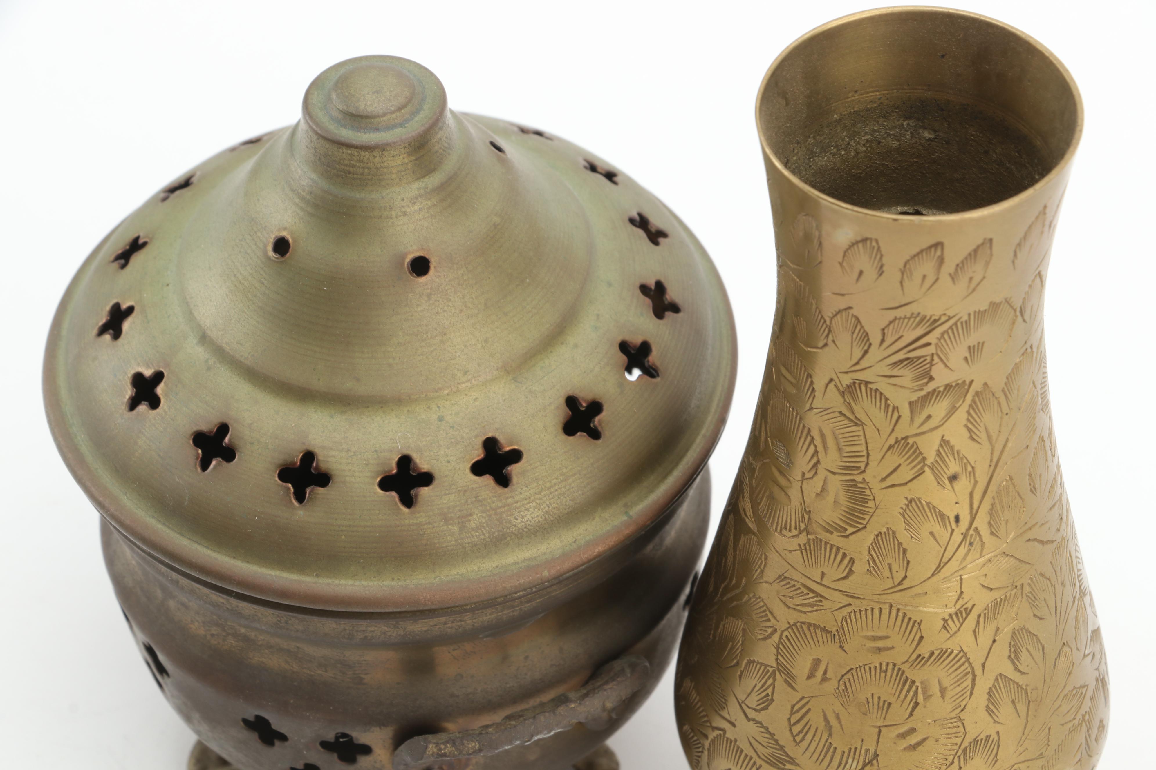 Brass Incense Jar, Bud Vase, "Baby Goyle" Gargoyle and Decorative Cauldrons