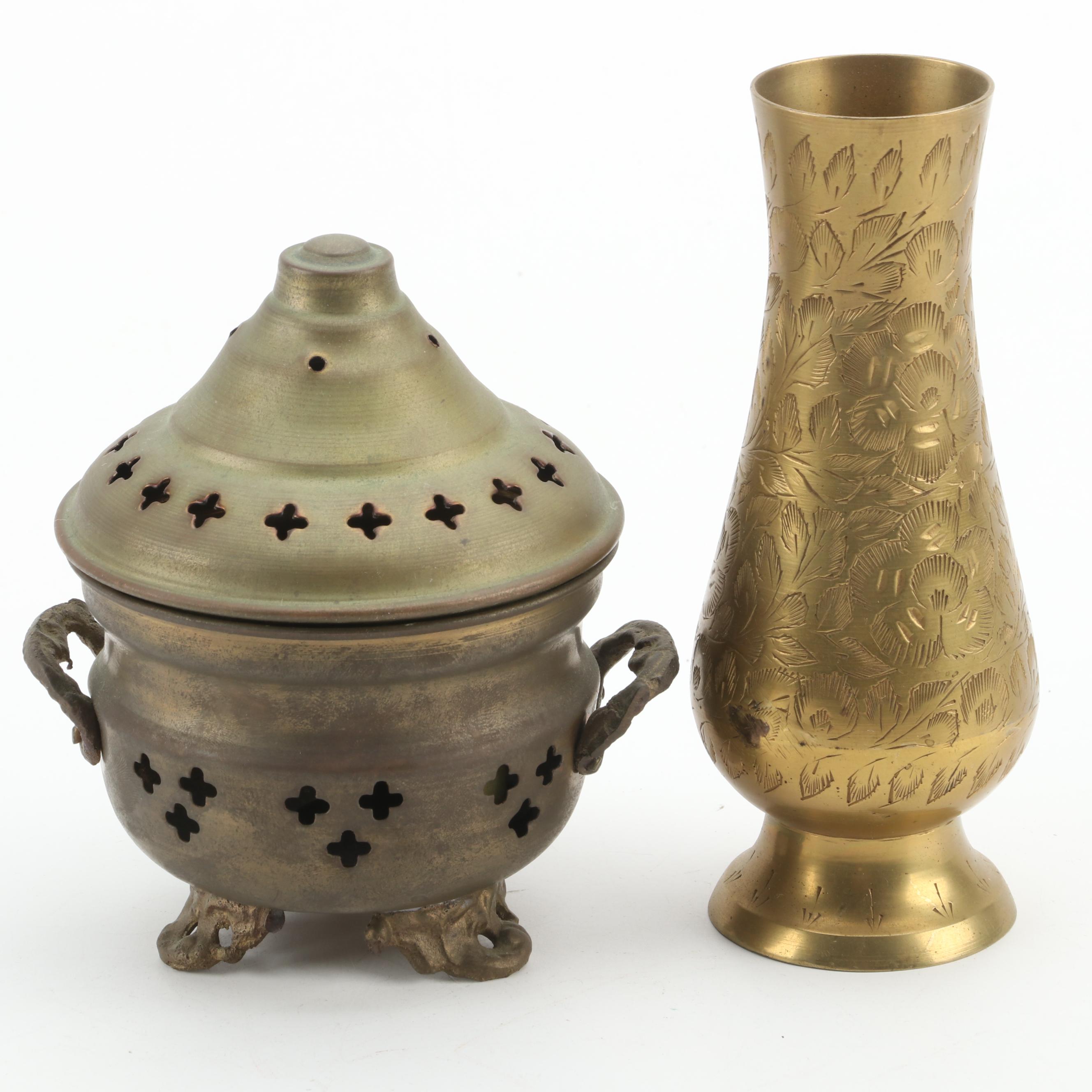 Brass Incense Jar, Bud Vase, "Baby Goyle" Gargoyle and Decorative Cauldrons