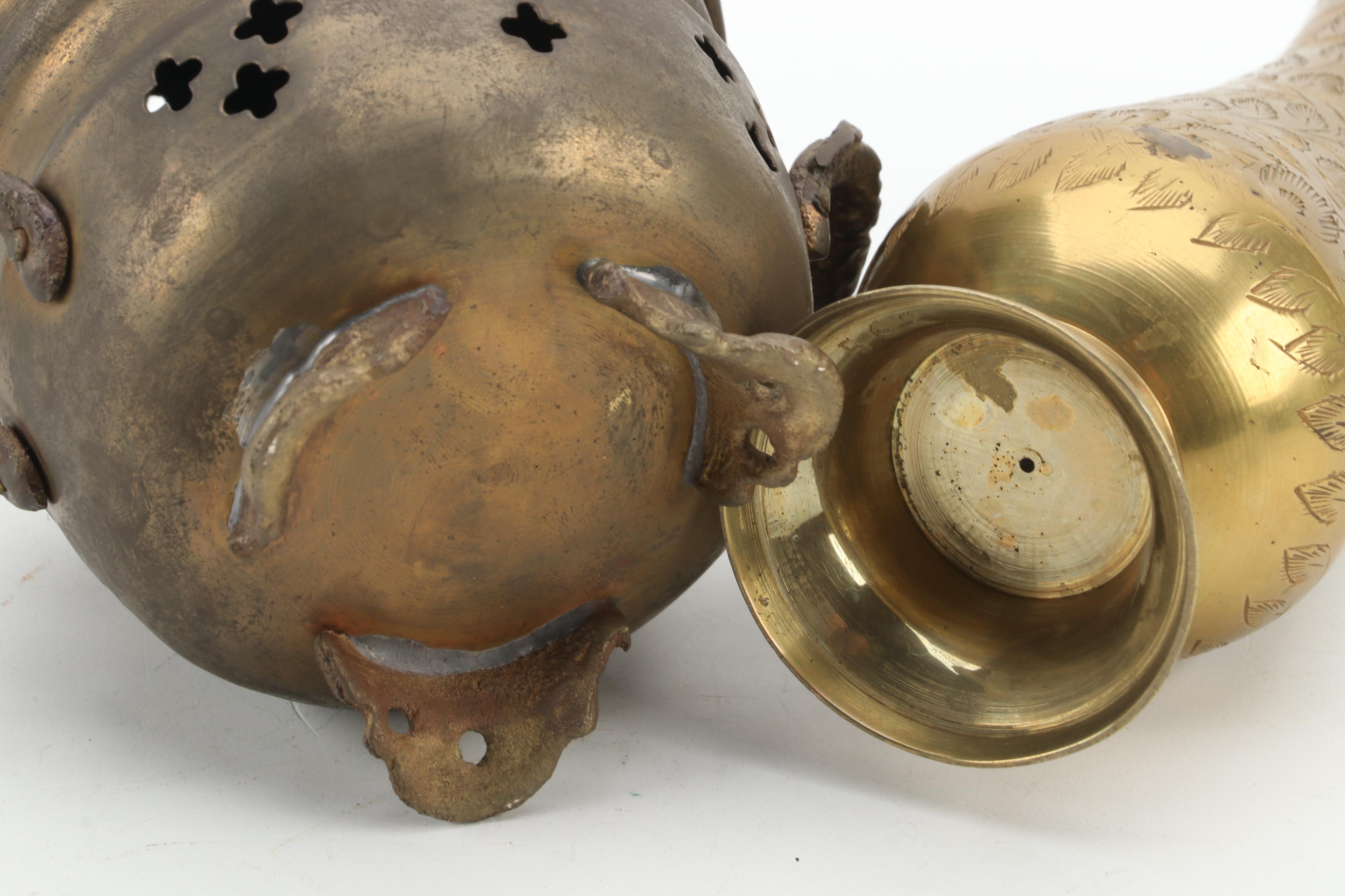 Brass Incense Jar, Bud Vase, "Baby Goyle" Gargoyle and Decorative Cauldrons