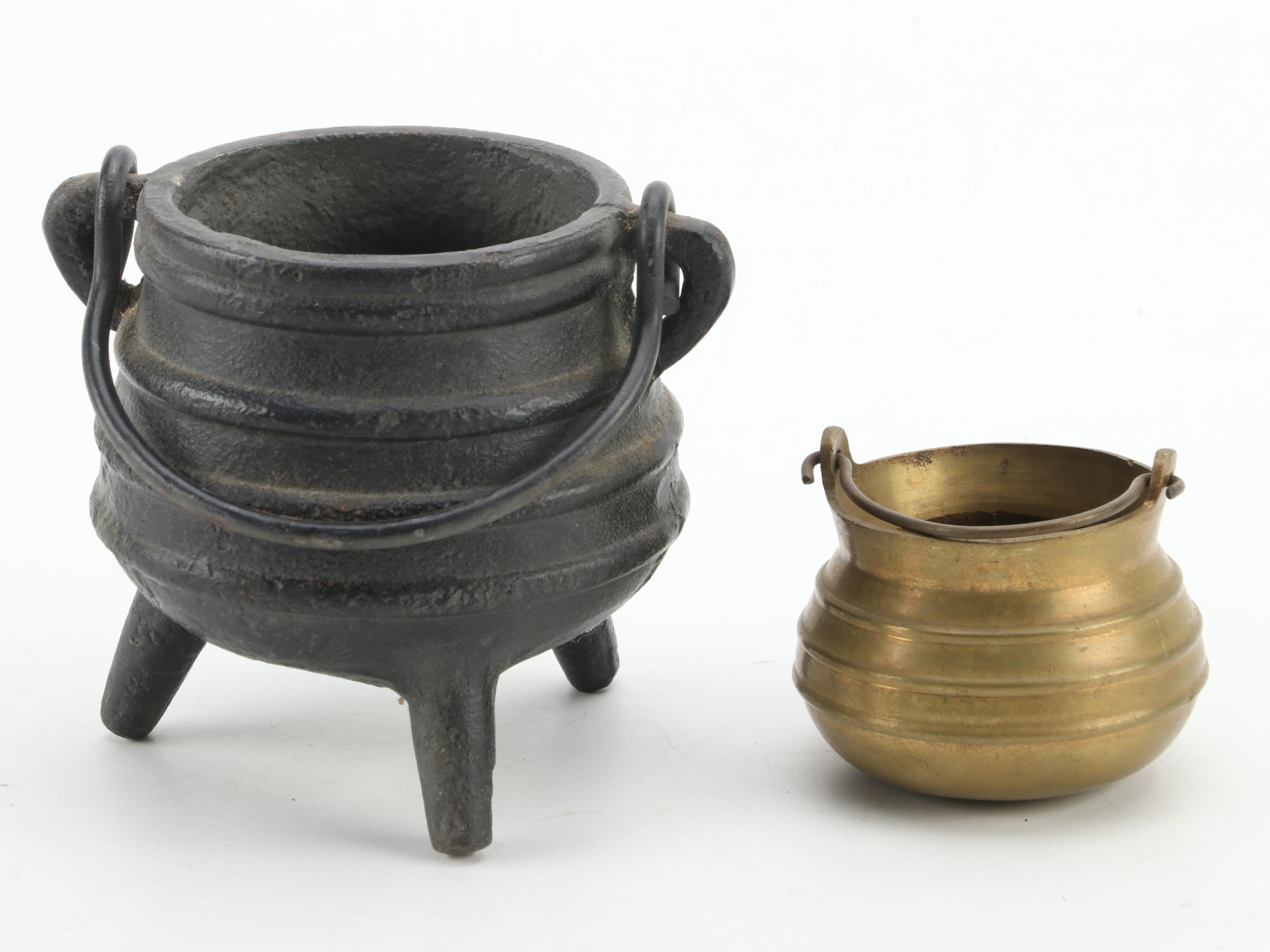 Brass Incense Jar, Bud Vase, "Baby Goyle" Gargoyle and Decorative Cauldrons