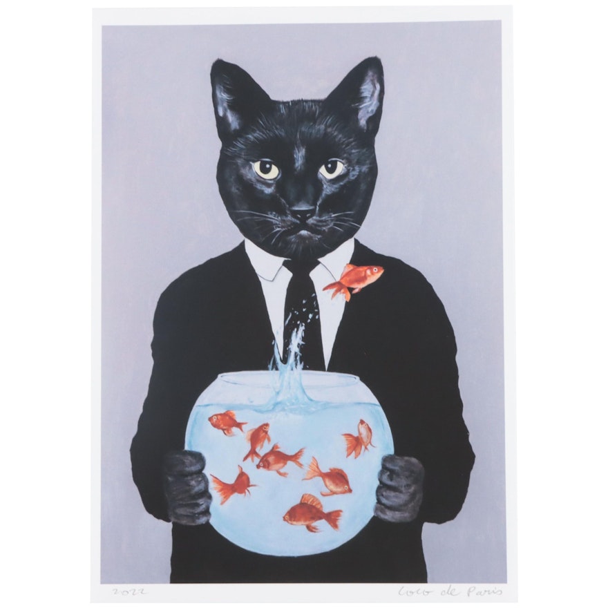 Coco de Paris Giclée "Black Cat Holding Fishbowl," 2022