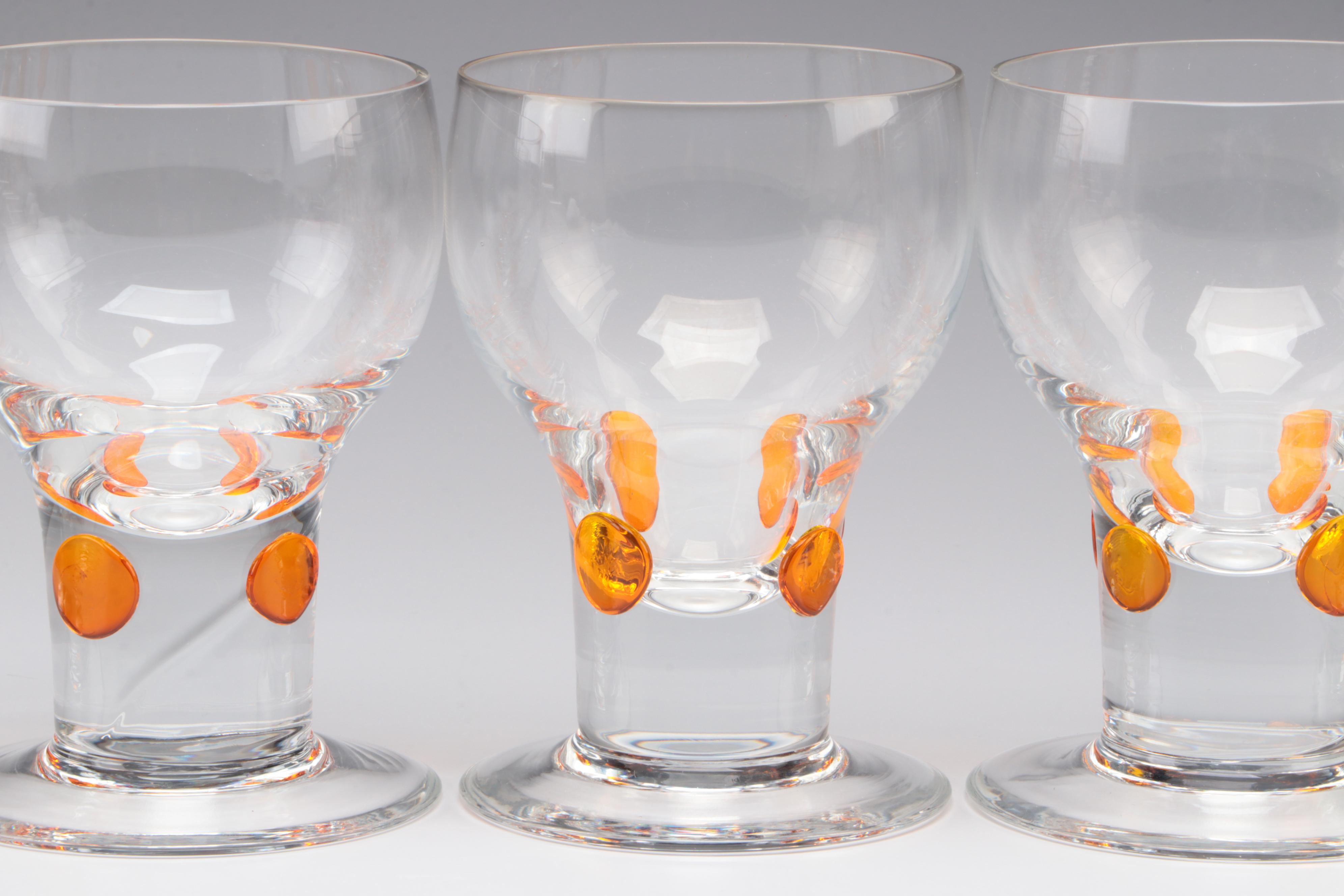 Blown Glass Clear Glasses with Applied Amber Glass Accent