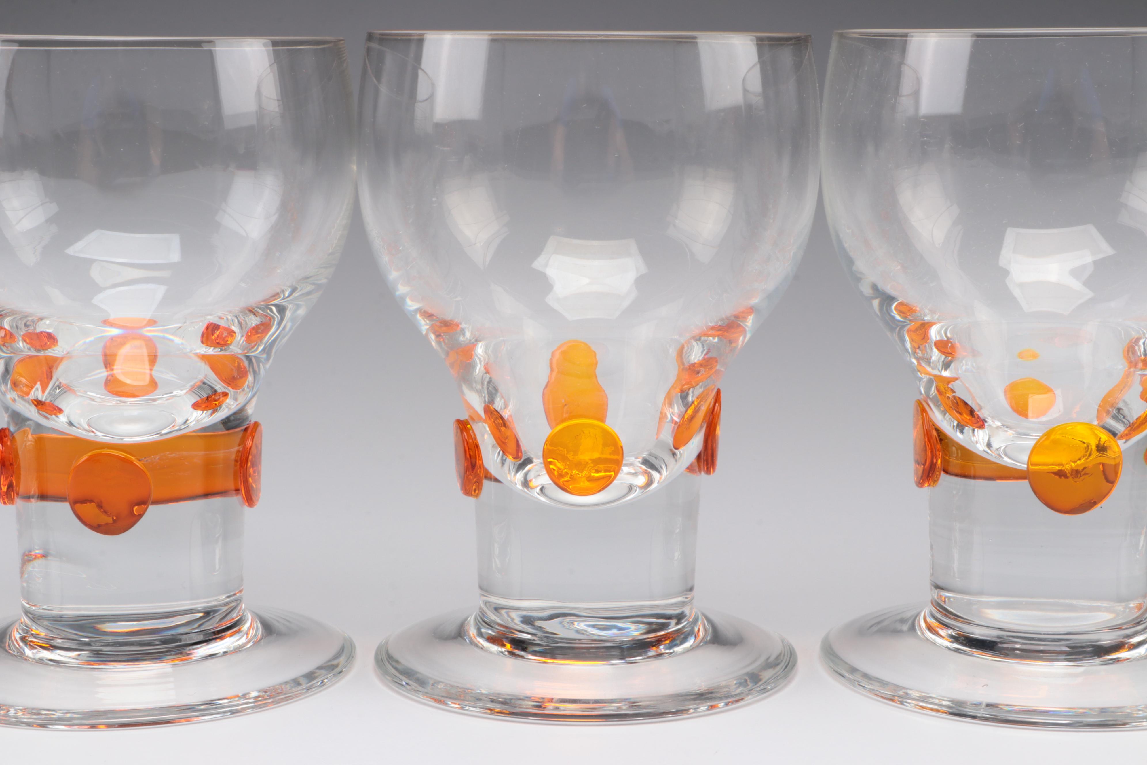 Blown Glass Clear Glasses with Applied Amber Glass Accent
