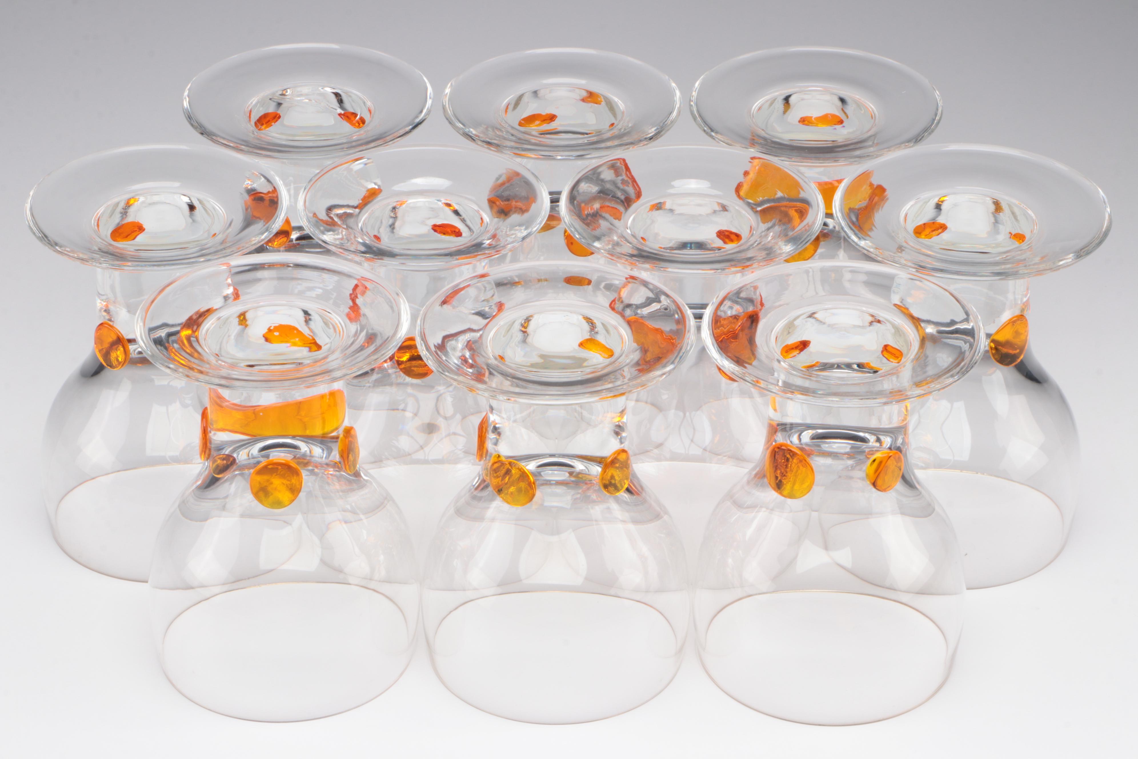 Blown Glass Clear Glasses with Applied Amber Glass Accent