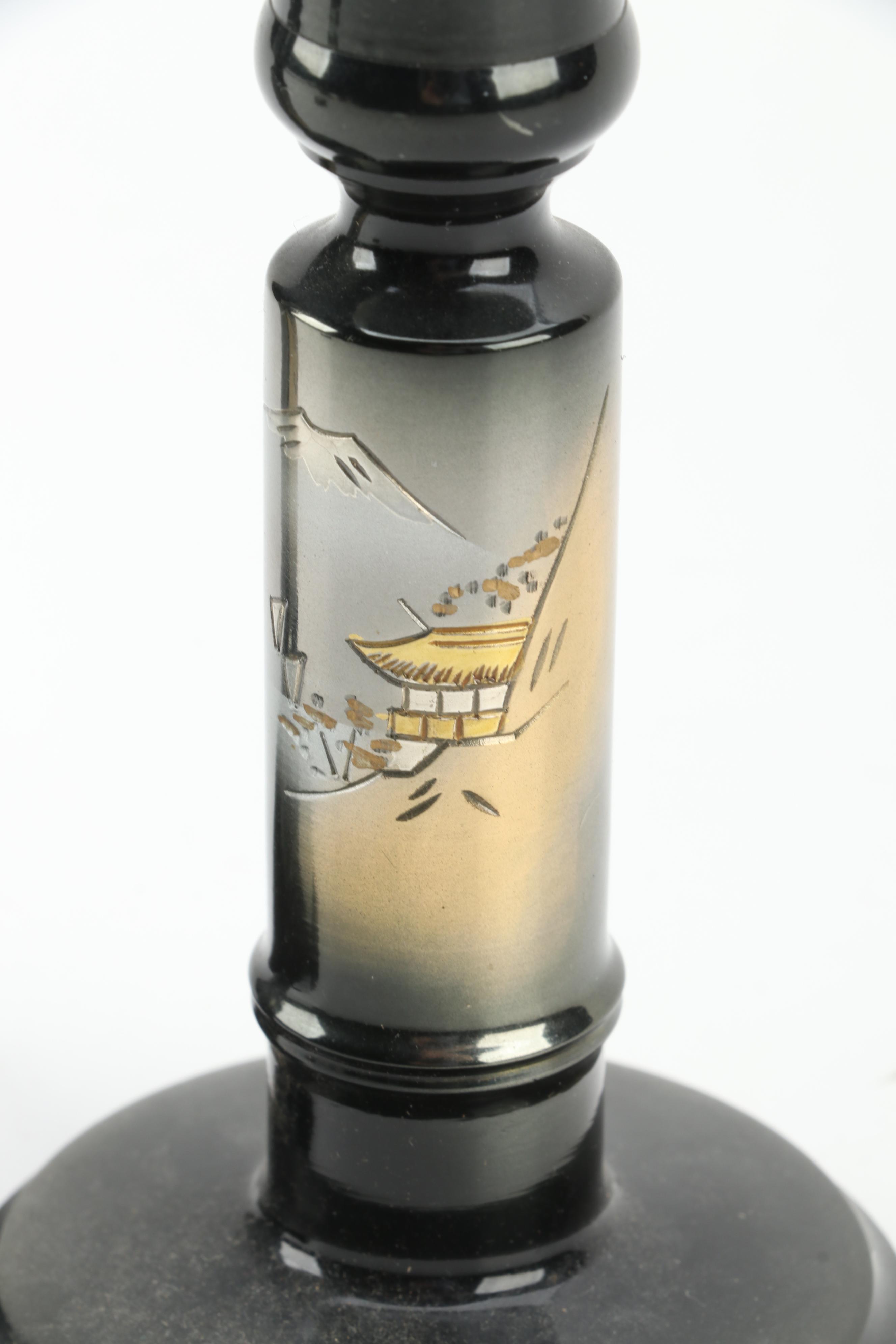 Pair of Japanese Mixed Metals Candlesticks and Other Decorative Container