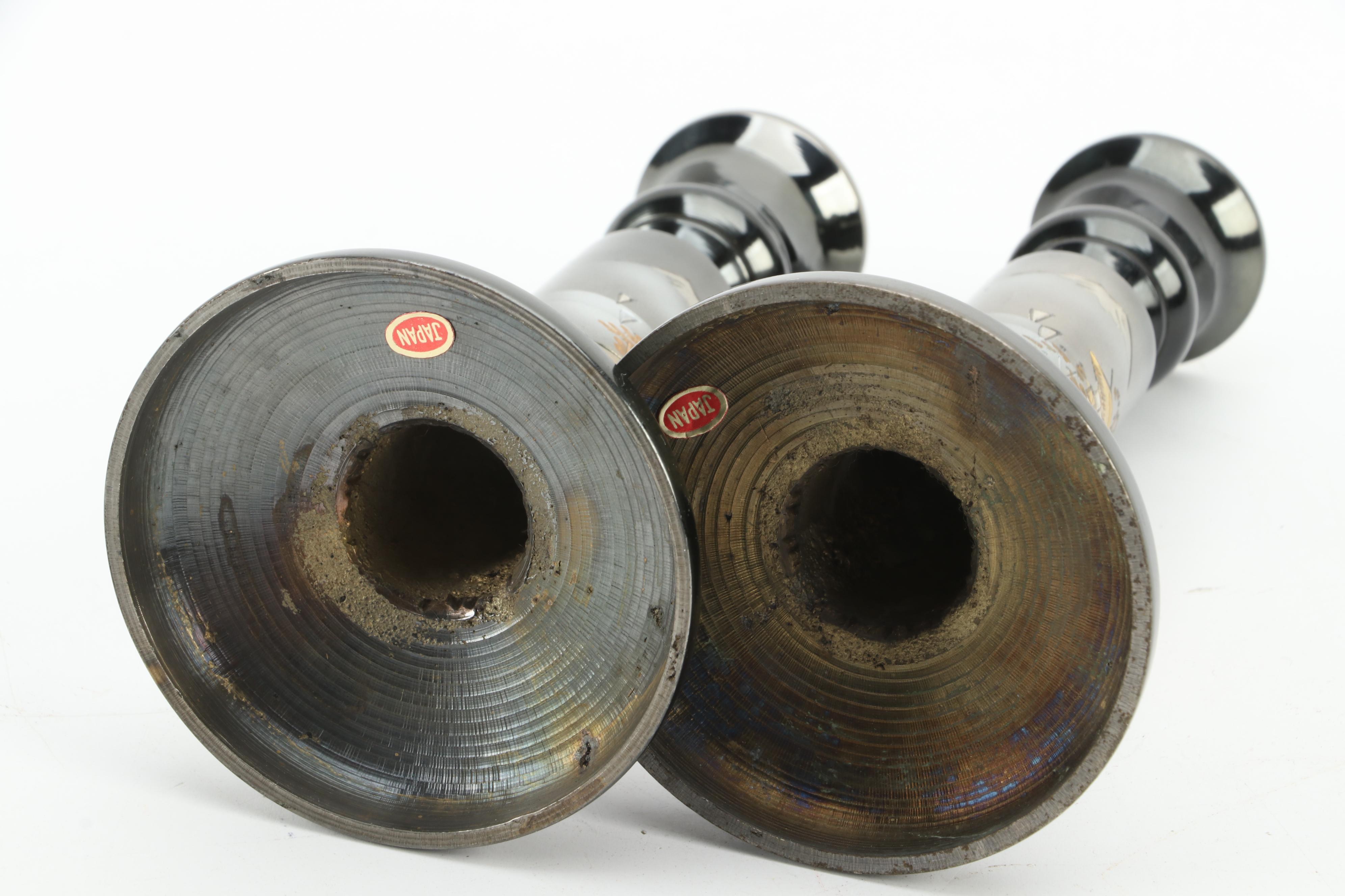 Pair of Japanese Mixed Metals Candlesticks and Other Decorative Container