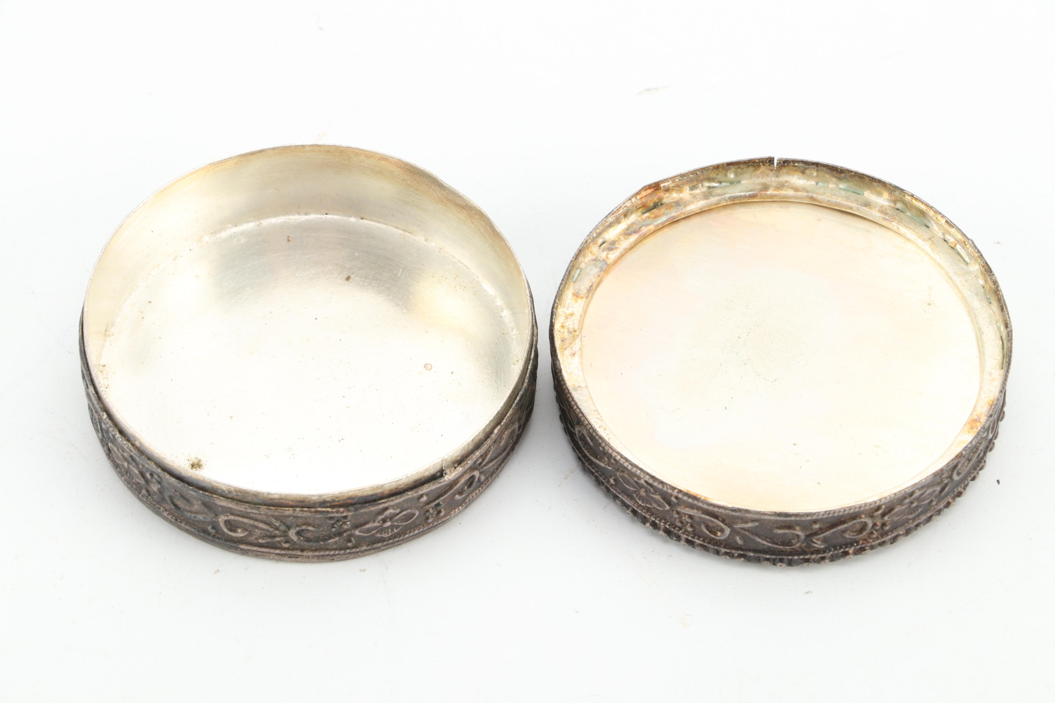 Pair of Japanese Mixed Metals Candlesticks and Other Decorative Container