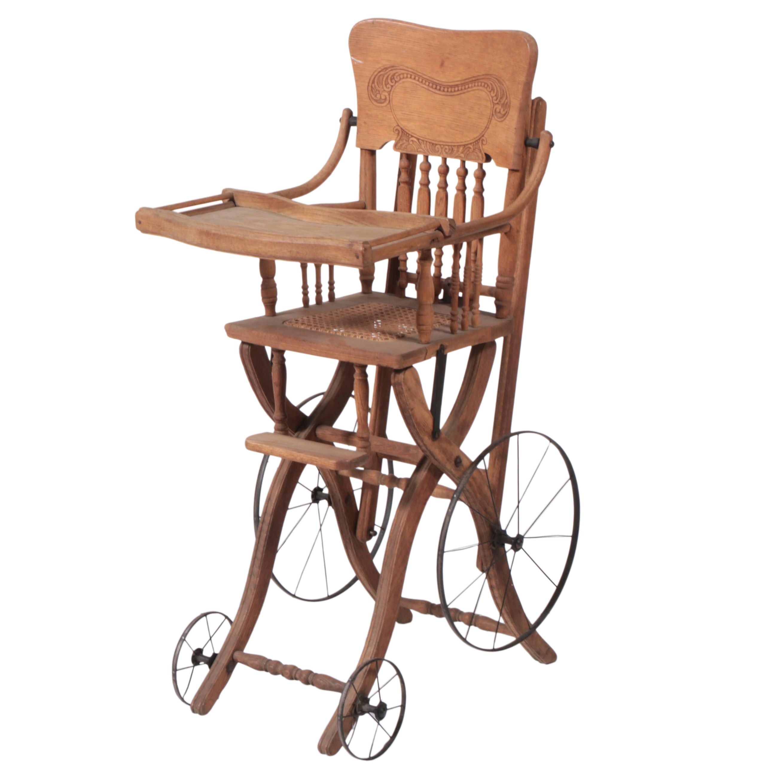 Late Victorian Oak Convertible High Chair/Stroller