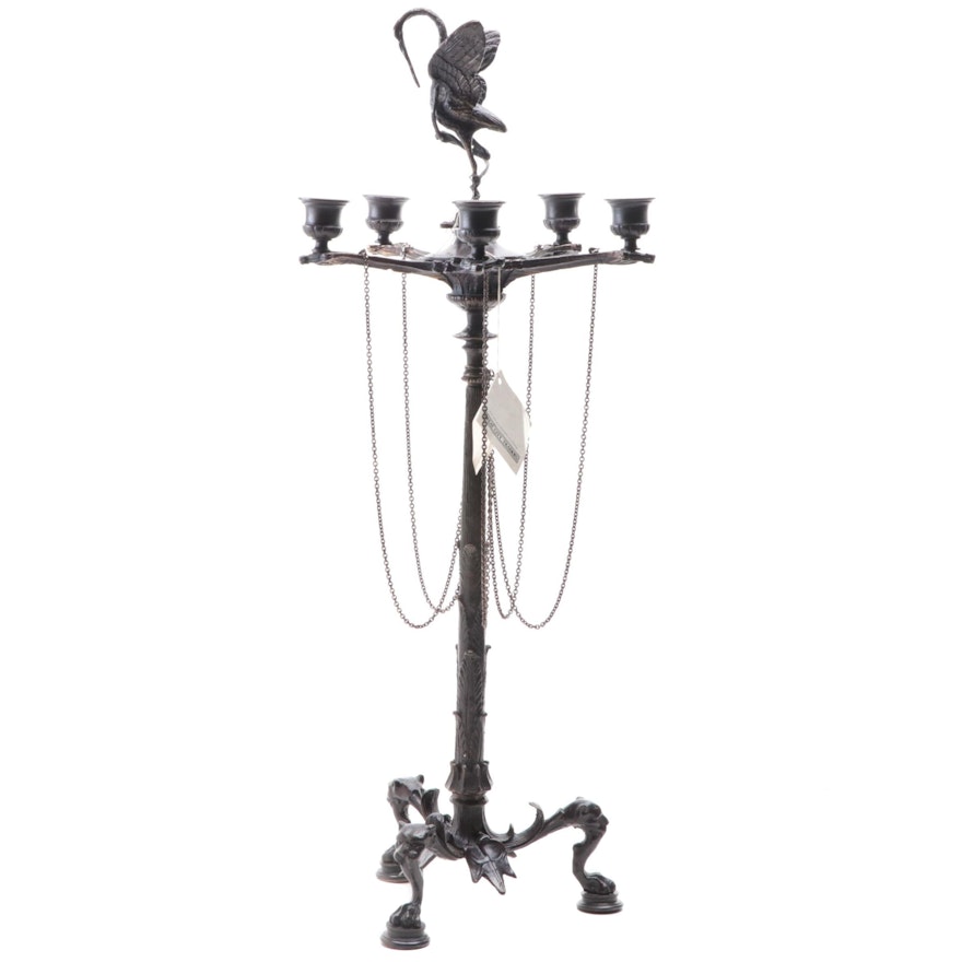 Great City Traders Neoclassical Stork Topped Bronze and Metal Candle Holder