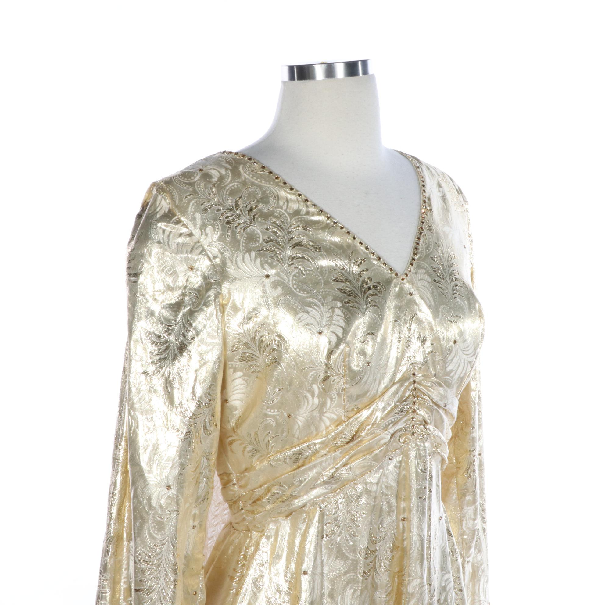 Mike Benet Evening Dress in Gold with Ostrich Feather Trimmed Watteau Cape