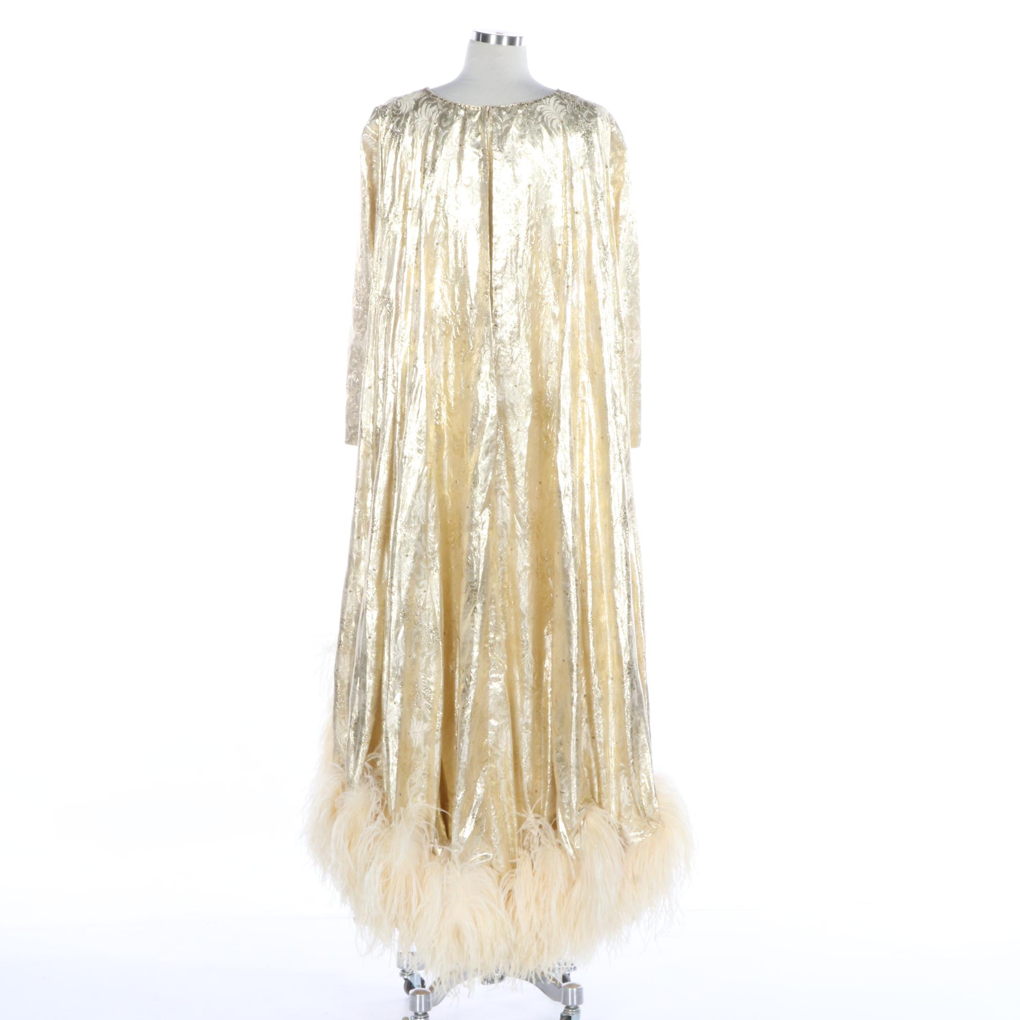 Mike Benet Evening Dress in Gold with Ostrich Feather Trimmed Watteau Cape