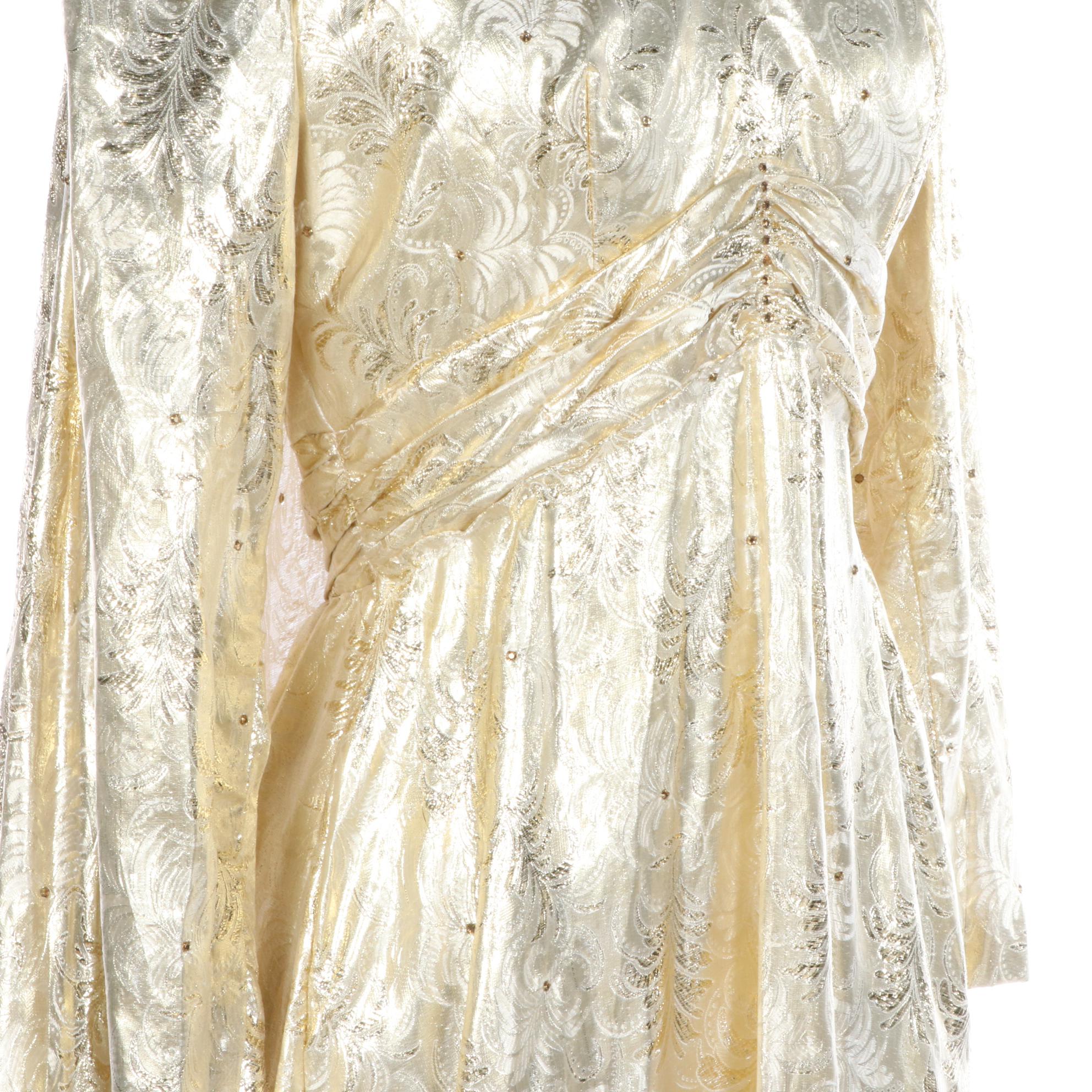 Mike Benet Evening Dress in Gold with Ostrich Feather Trimmed Watteau Cape