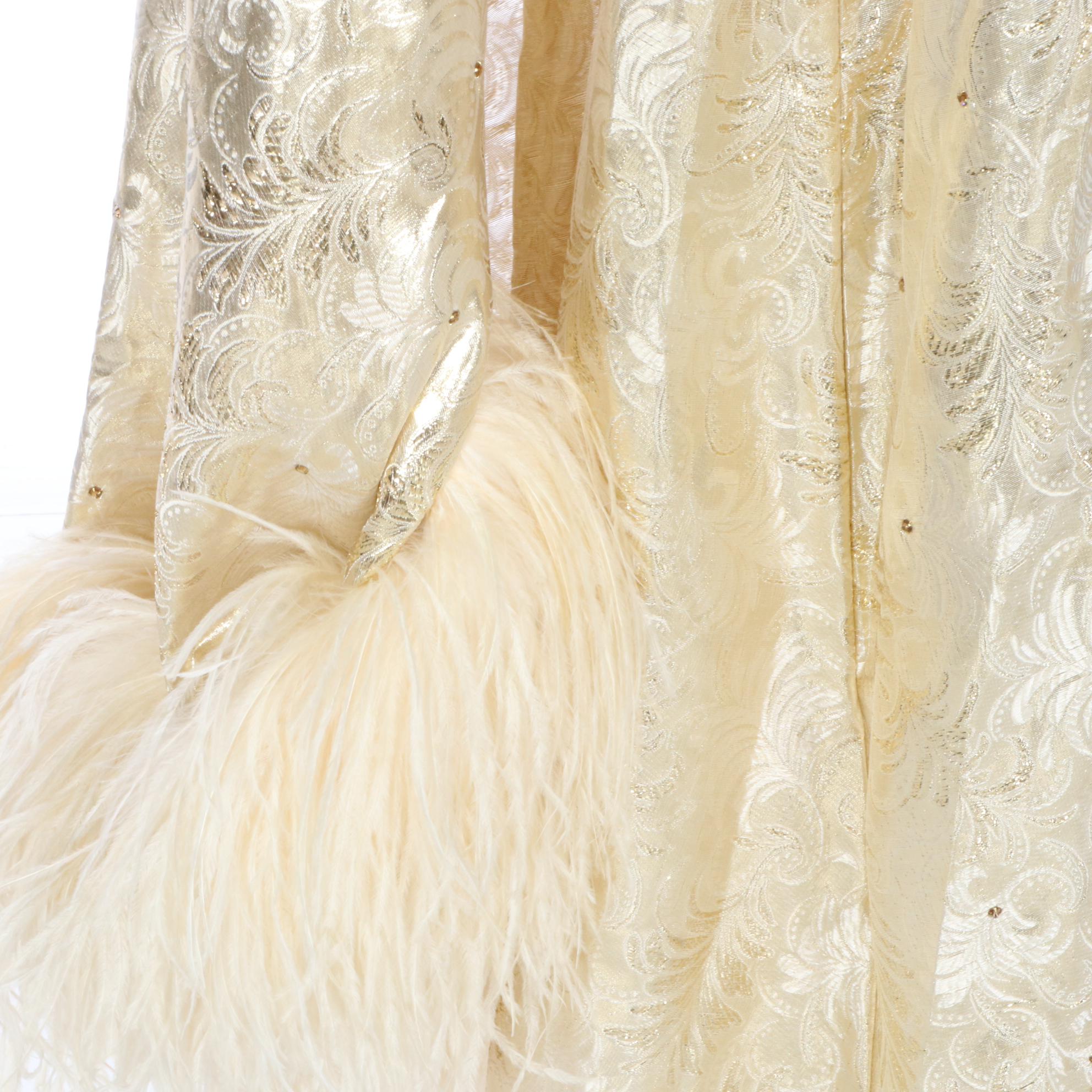 Mike Benet Evening Dress in Gold with Ostrich Feather Trimmed Watteau Cape