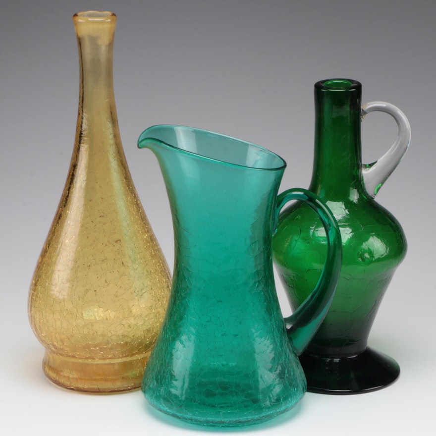 Mid Century Modern Crackle Glass Pitcher and Vases, Mid to Late 20th Century
