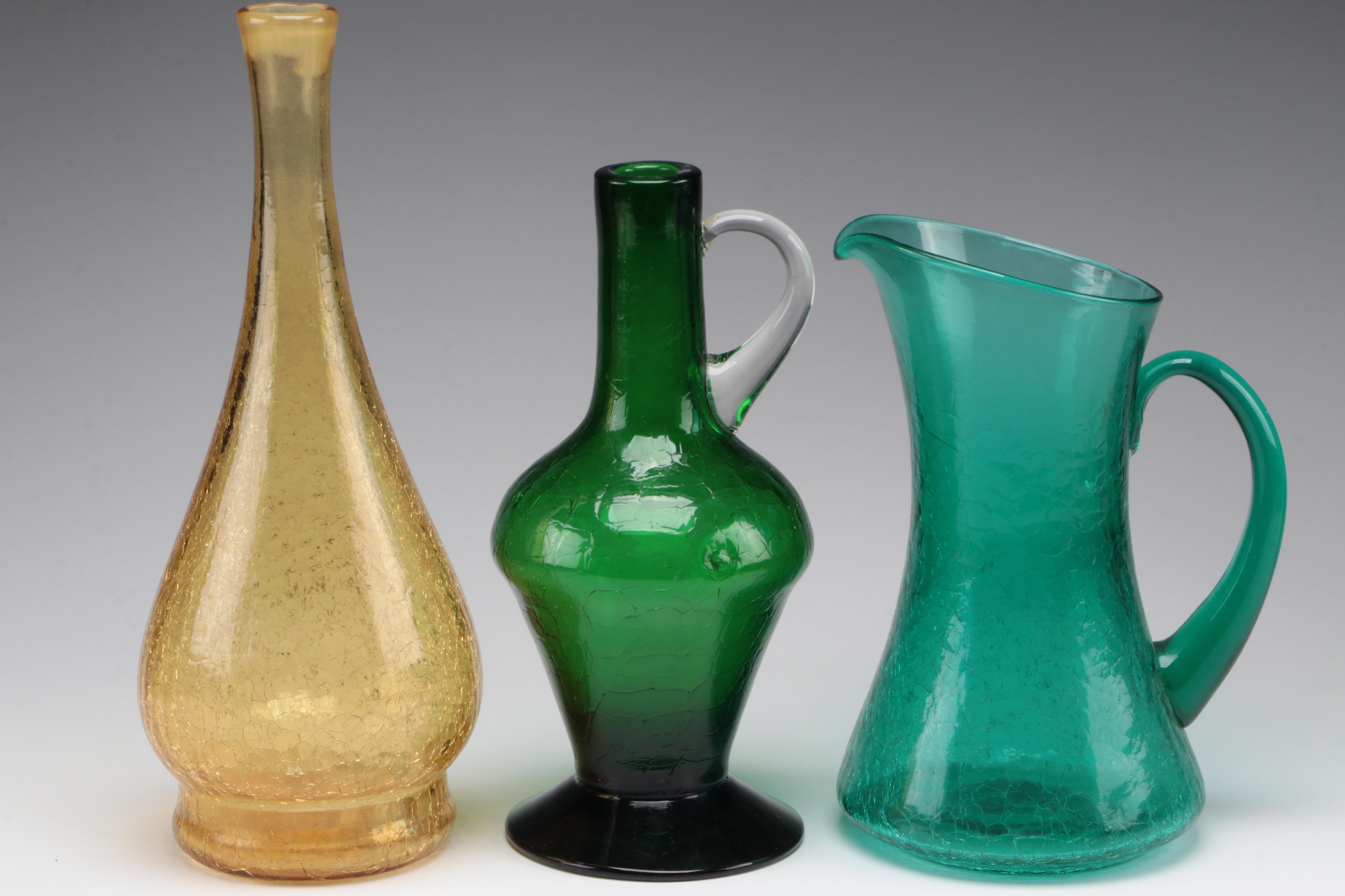 Mid Century Modern Crackle Glass Pitcher and Vases, Mid to Late 20th Century