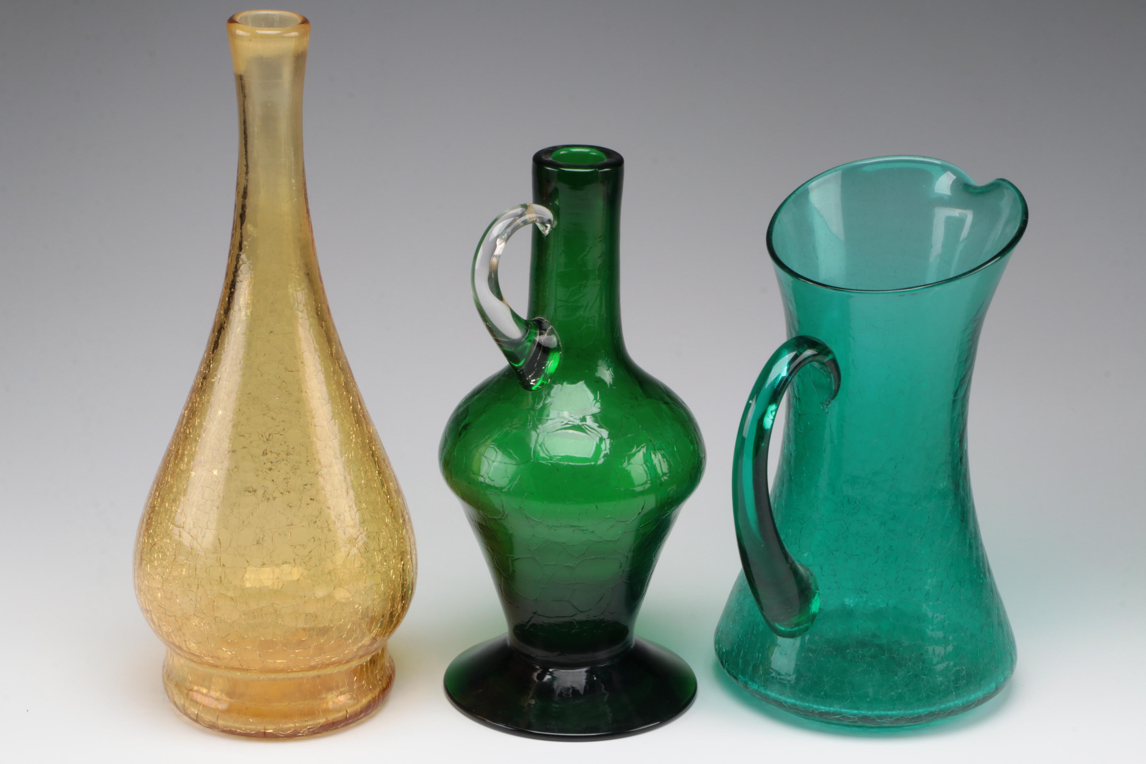 Mid Century Modern Crackle Glass Pitcher and Vases, Mid to Late 20th Century