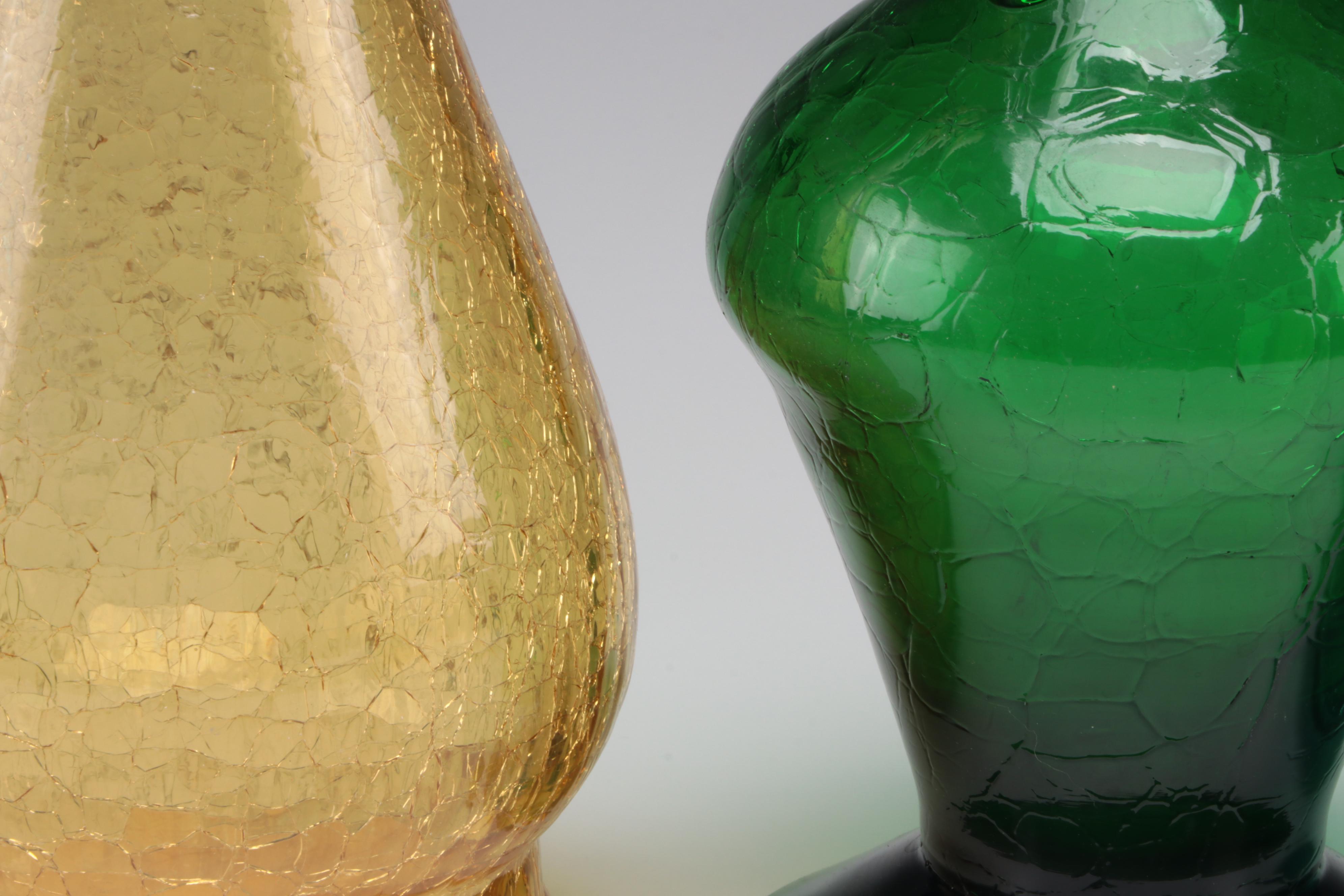 Mid Century Modern Crackle Glass Pitcher and Vases, Mid to Late 20th Century