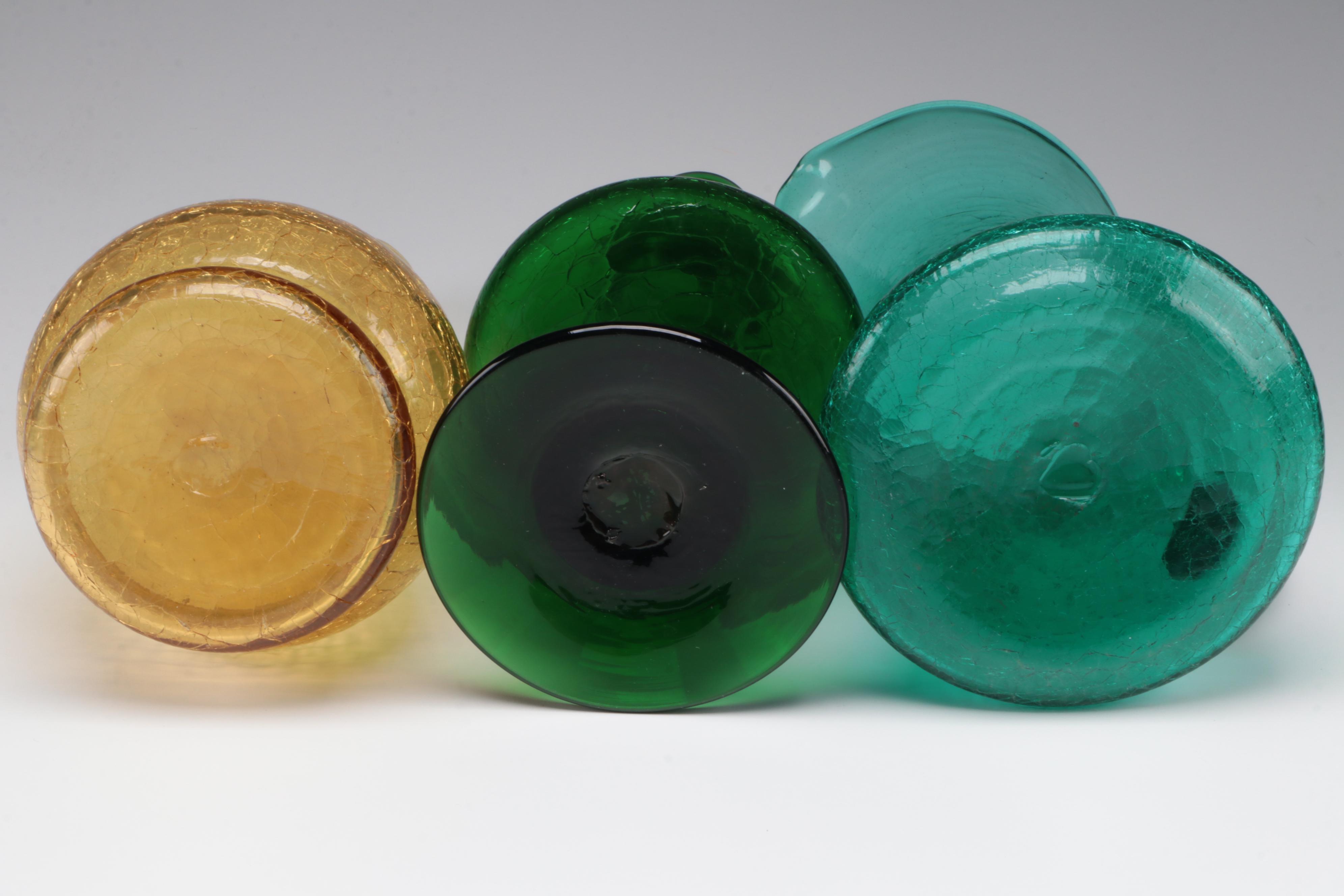 Mid Century Modern Crackle Glass Pitcher and Vases, Mid to Late 20th Century