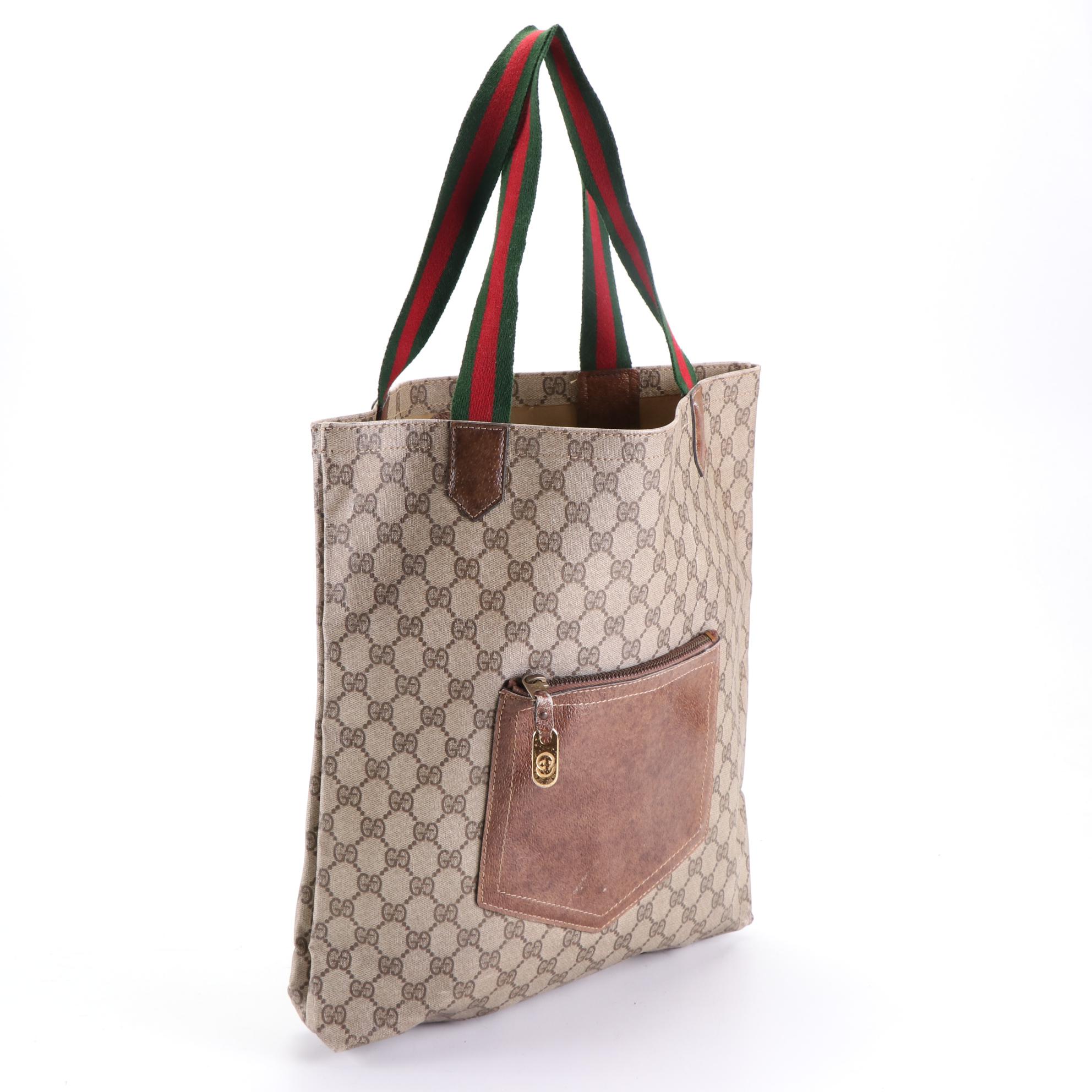 Gucci Tote Bag in GG Supreme Coated Canvas and Leather Trim with Web Straps