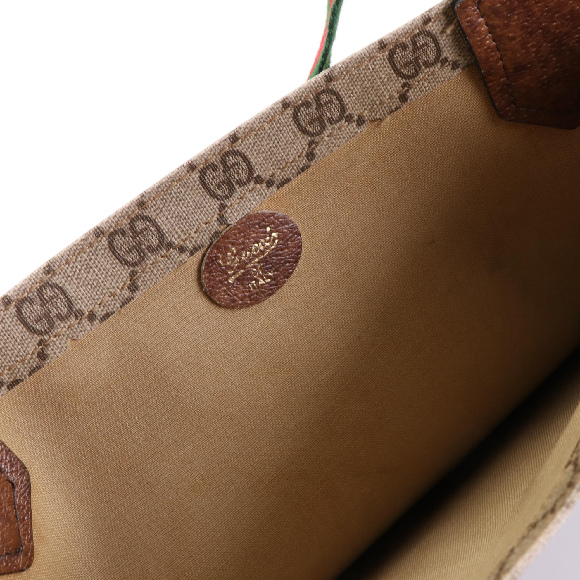 Gucci Tote Bag in GG Supreme Coated Canvas and Leather Trim with Web Straps