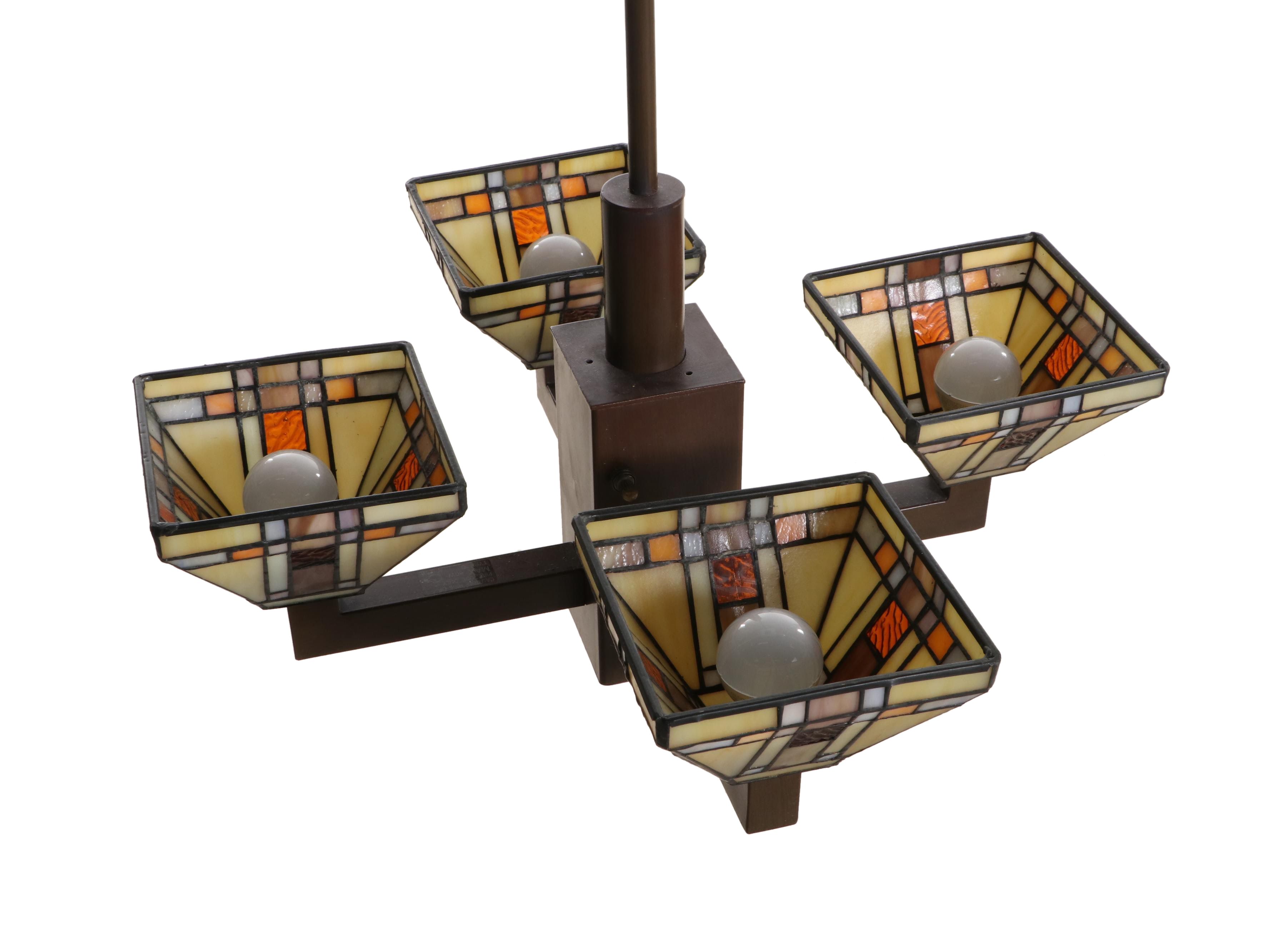 Prairie Style Four-Arm Slag Glass Chandelier, Mid to Late 20th Century