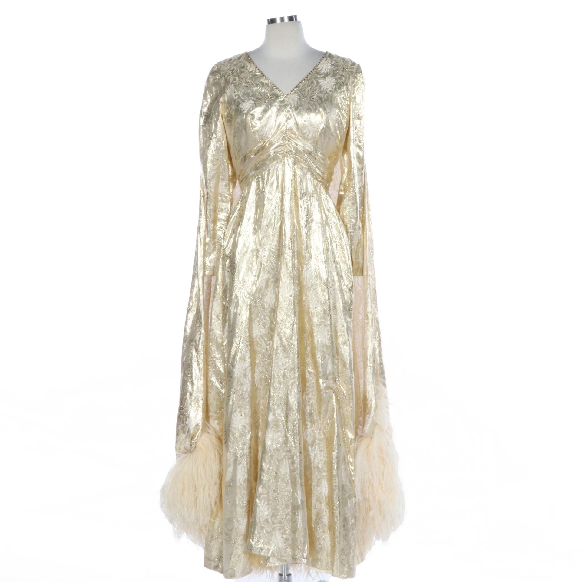 Mike Benet Evening Dress in Gold with Ostrich Feather Trimmed Watteau Cape