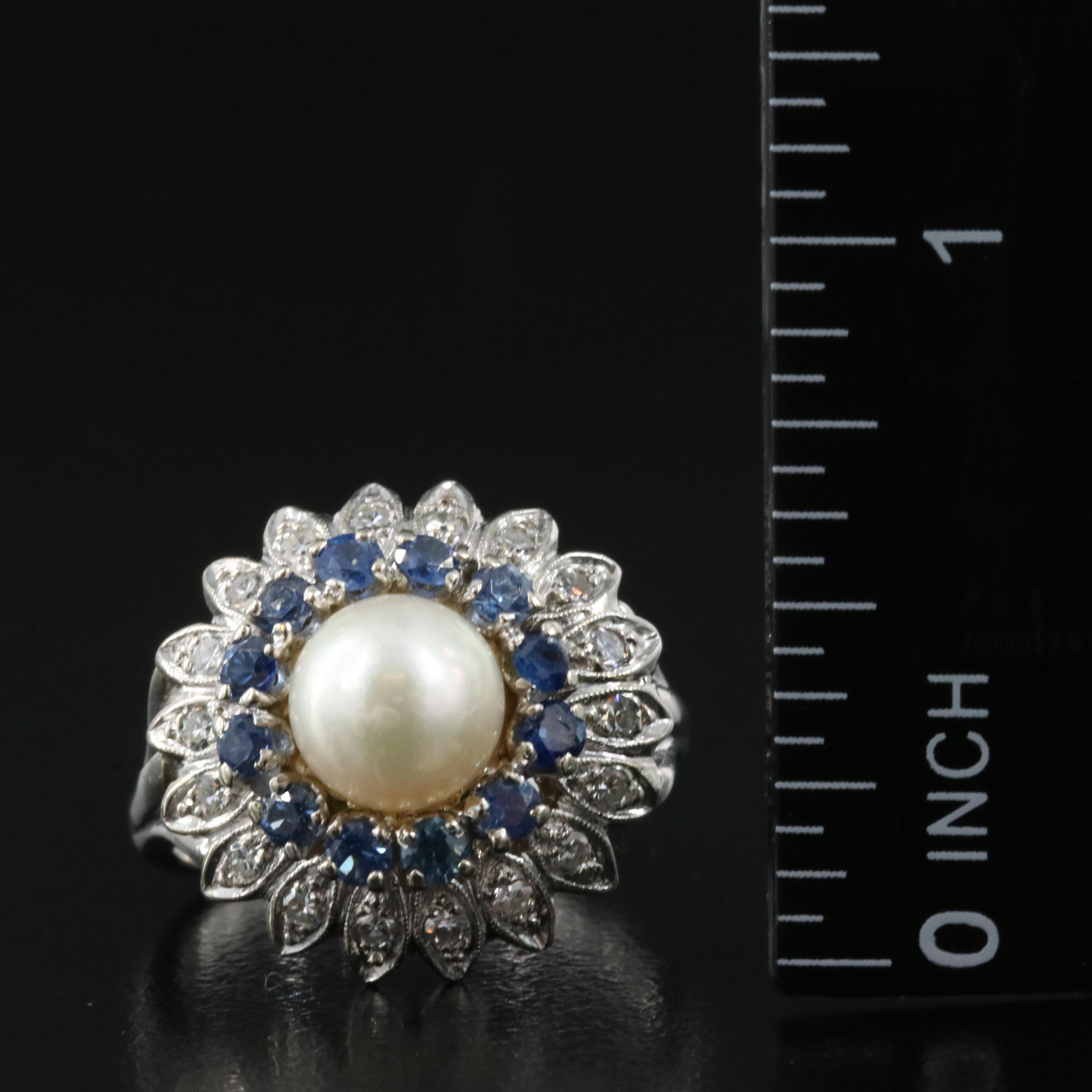 14K Pearl, Sapphire and Diamond Ring