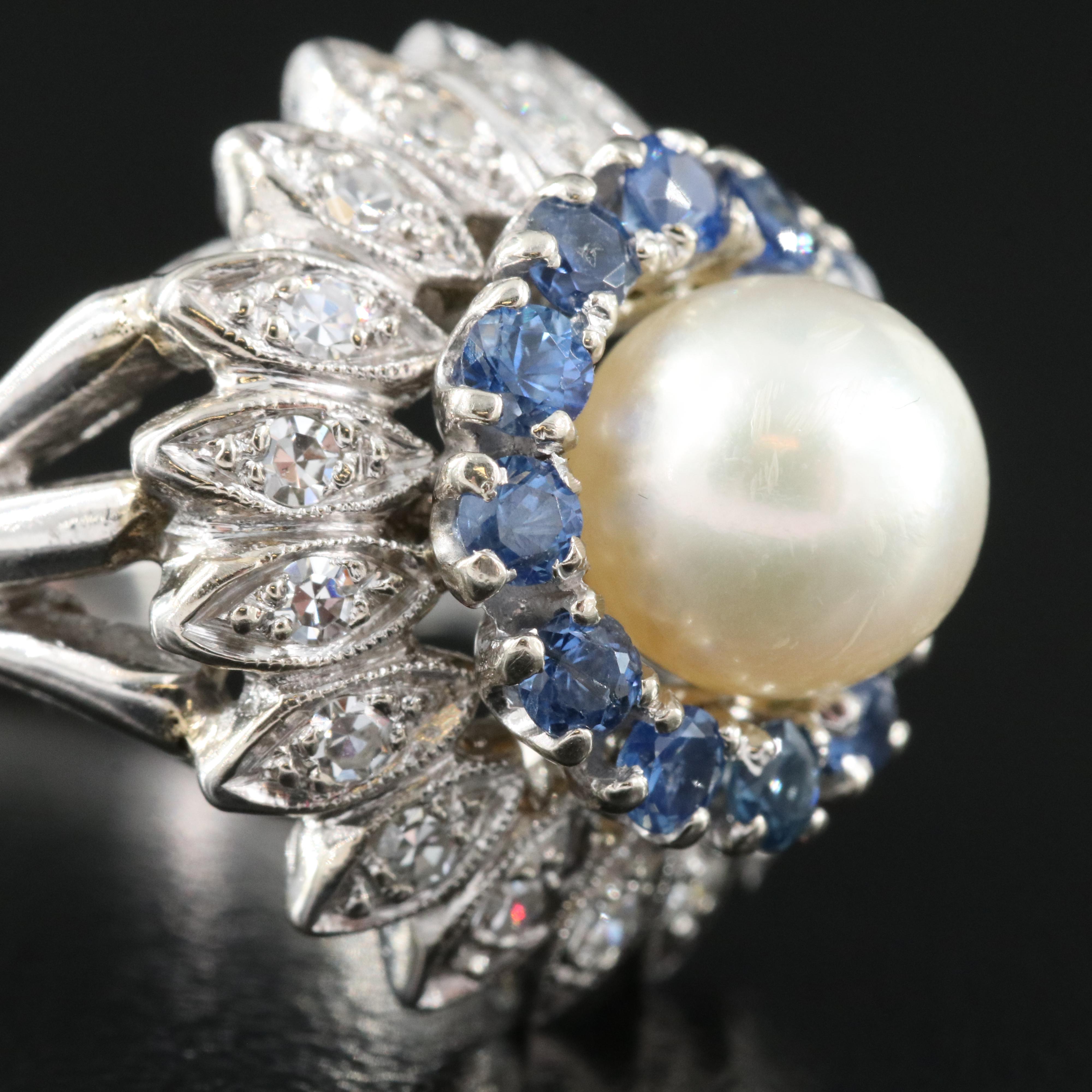14K Pearl, Sapphire and Diamond Ring