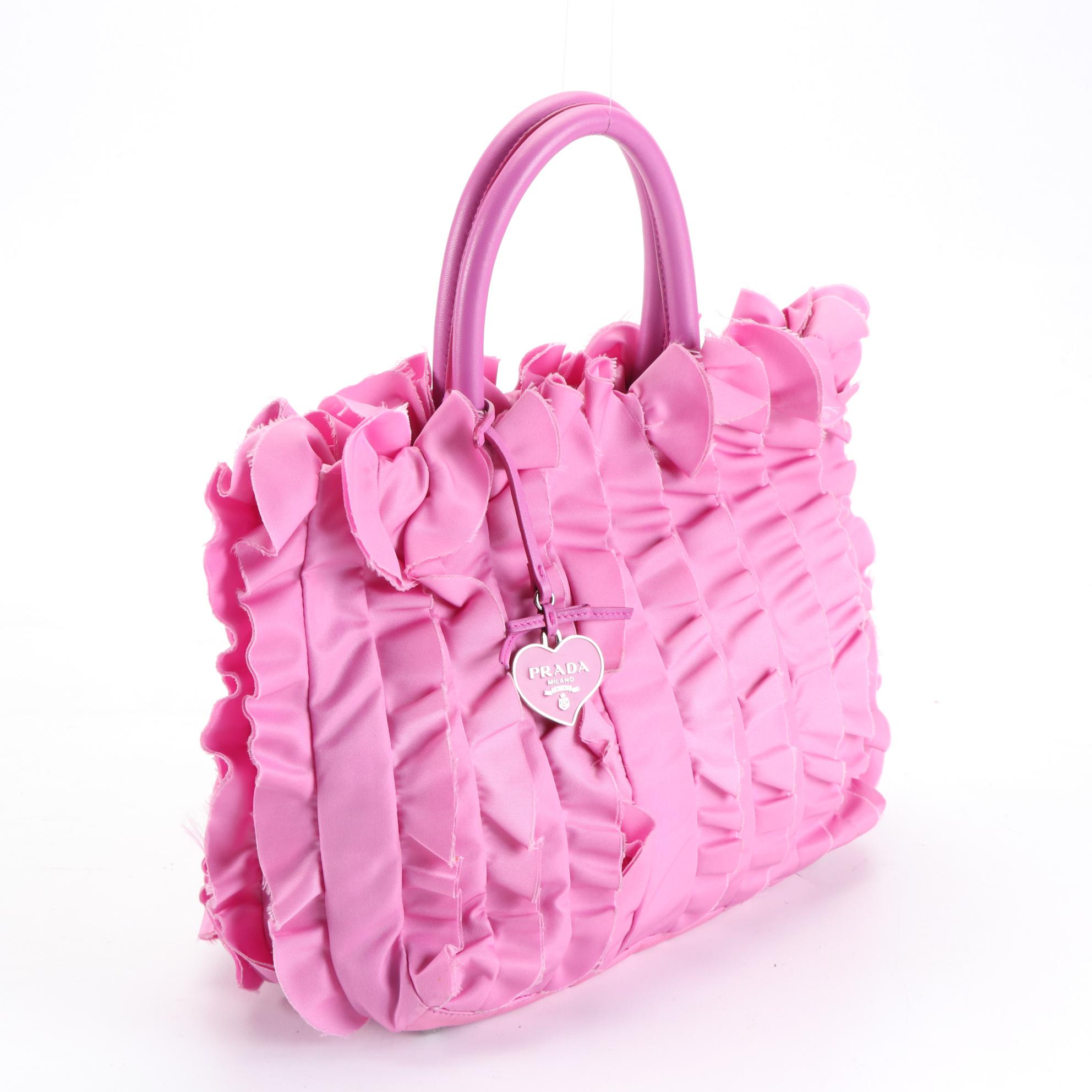Prada Ruffle Tote Bag in Pink Tessuto Nylon and Leather