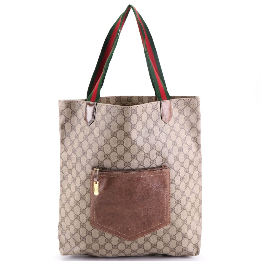Gucci Tote Bag in GG Supreme Coated Canvas and Leather Trim with Web Straps