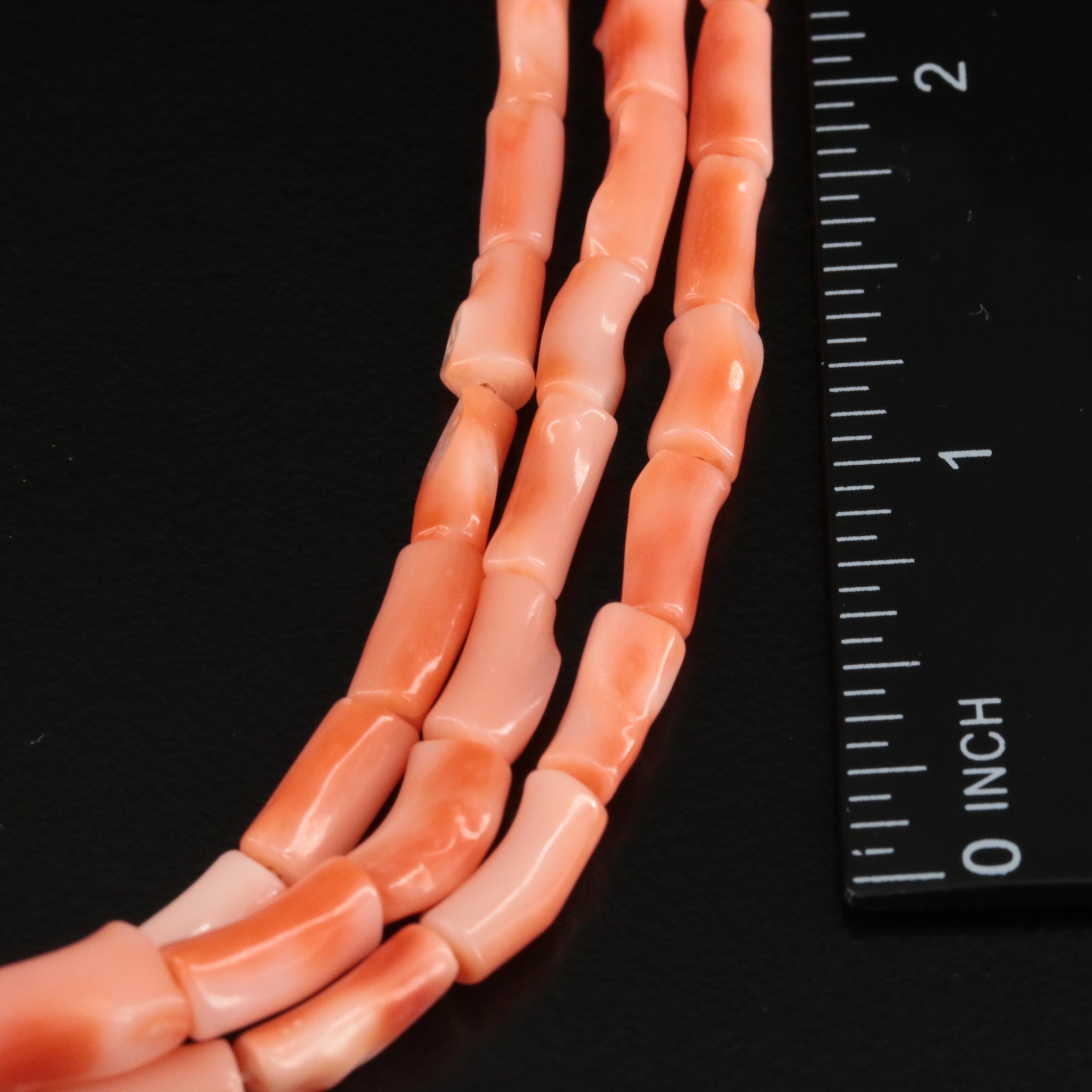 Graduated Triple Strand Branch Coral Necklace with 14K Clasp