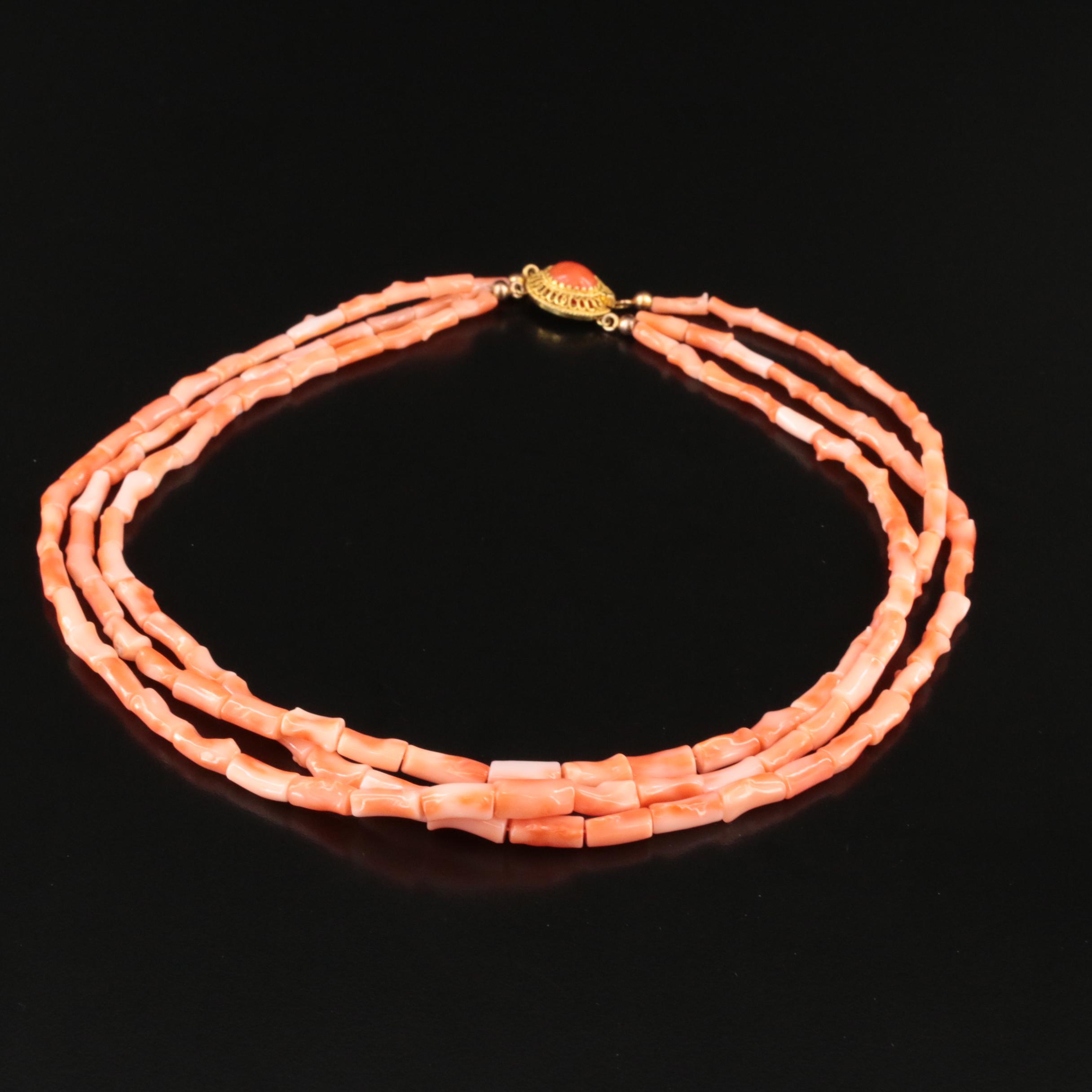 Graduated Triple Strand Branch Coral Necklace with 14K Clasp