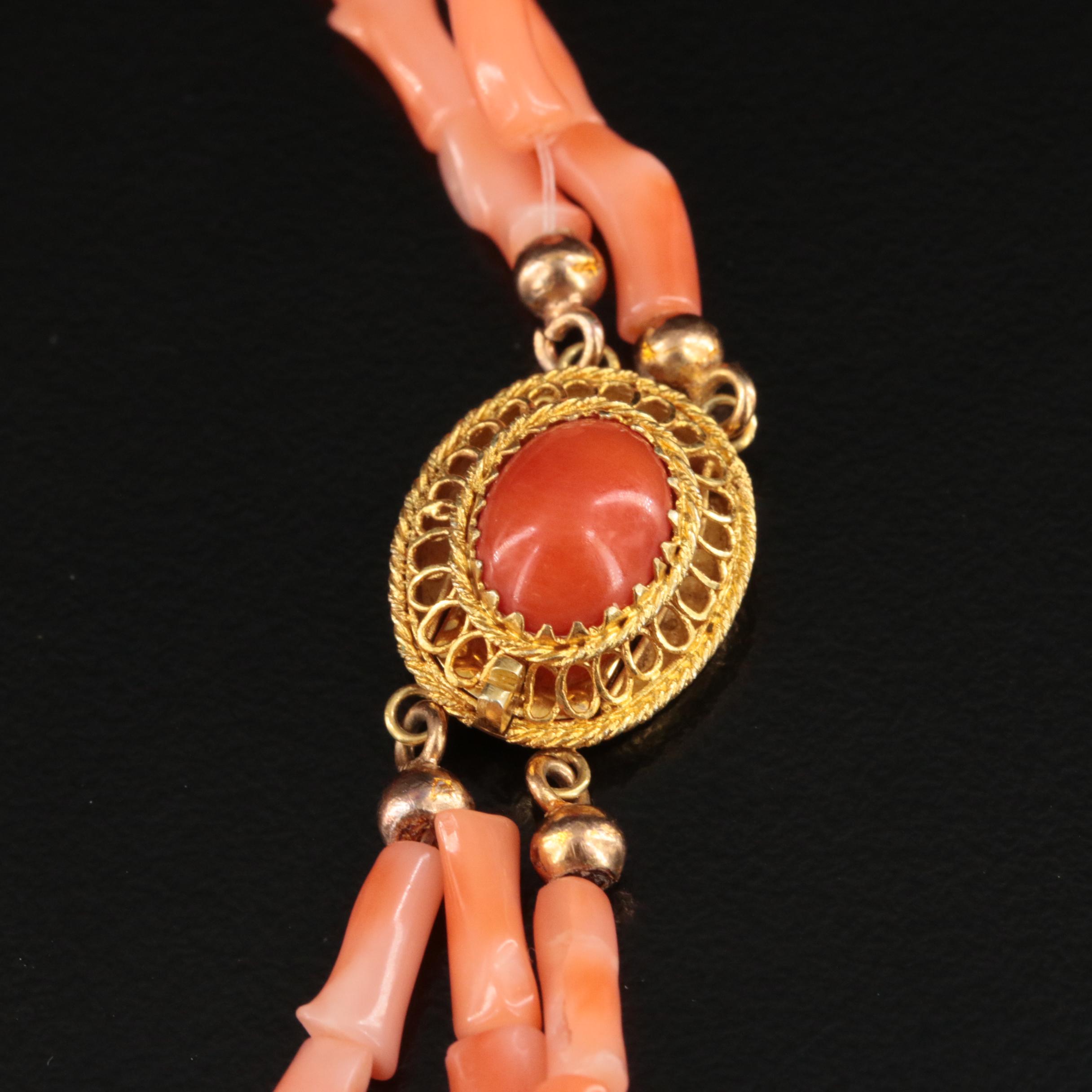 Graduated Triple Strand Branch Coral Necklace with 14K Clasp