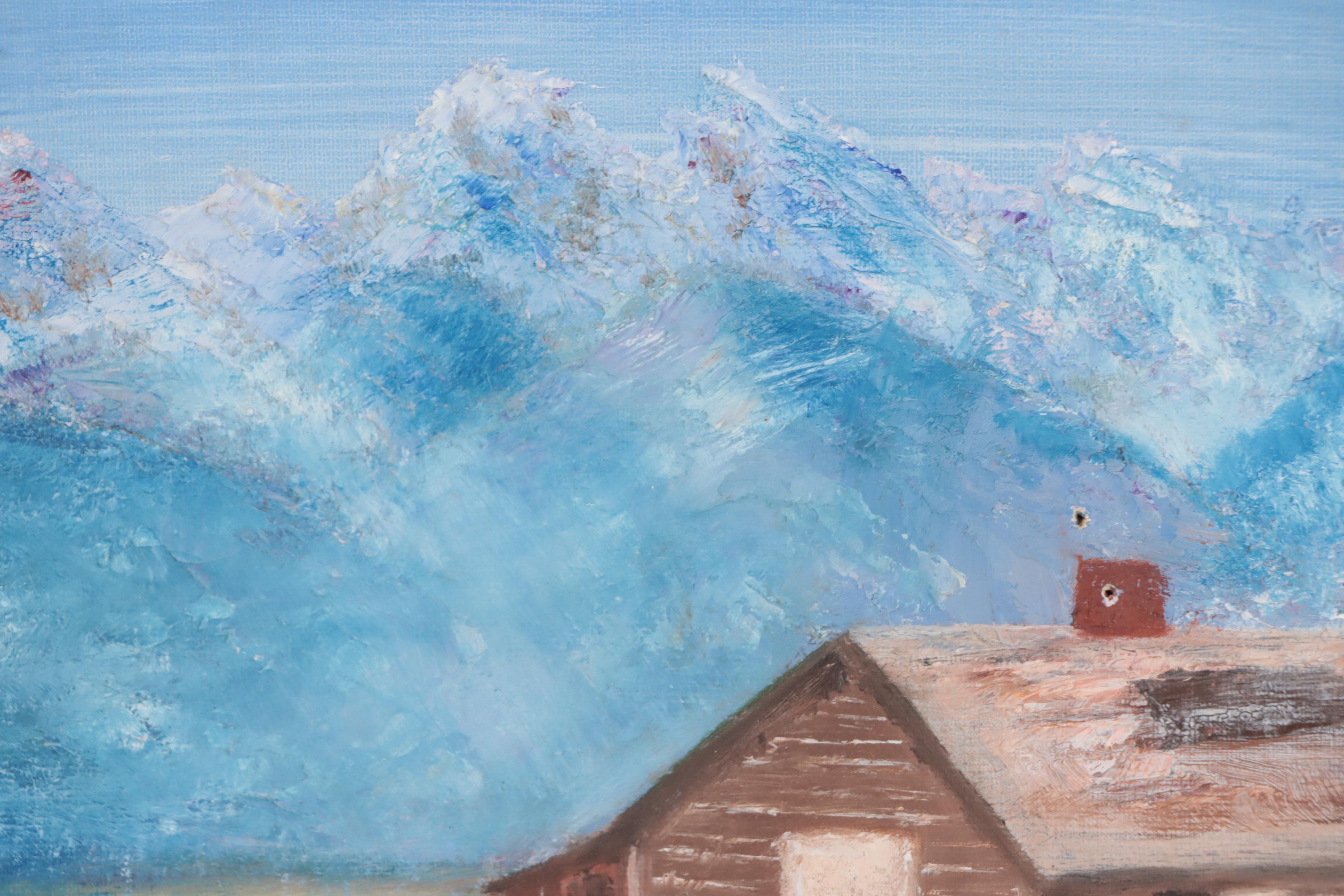 Naive Oil Painting of Log Cabin in Mountain Landscape, 1981