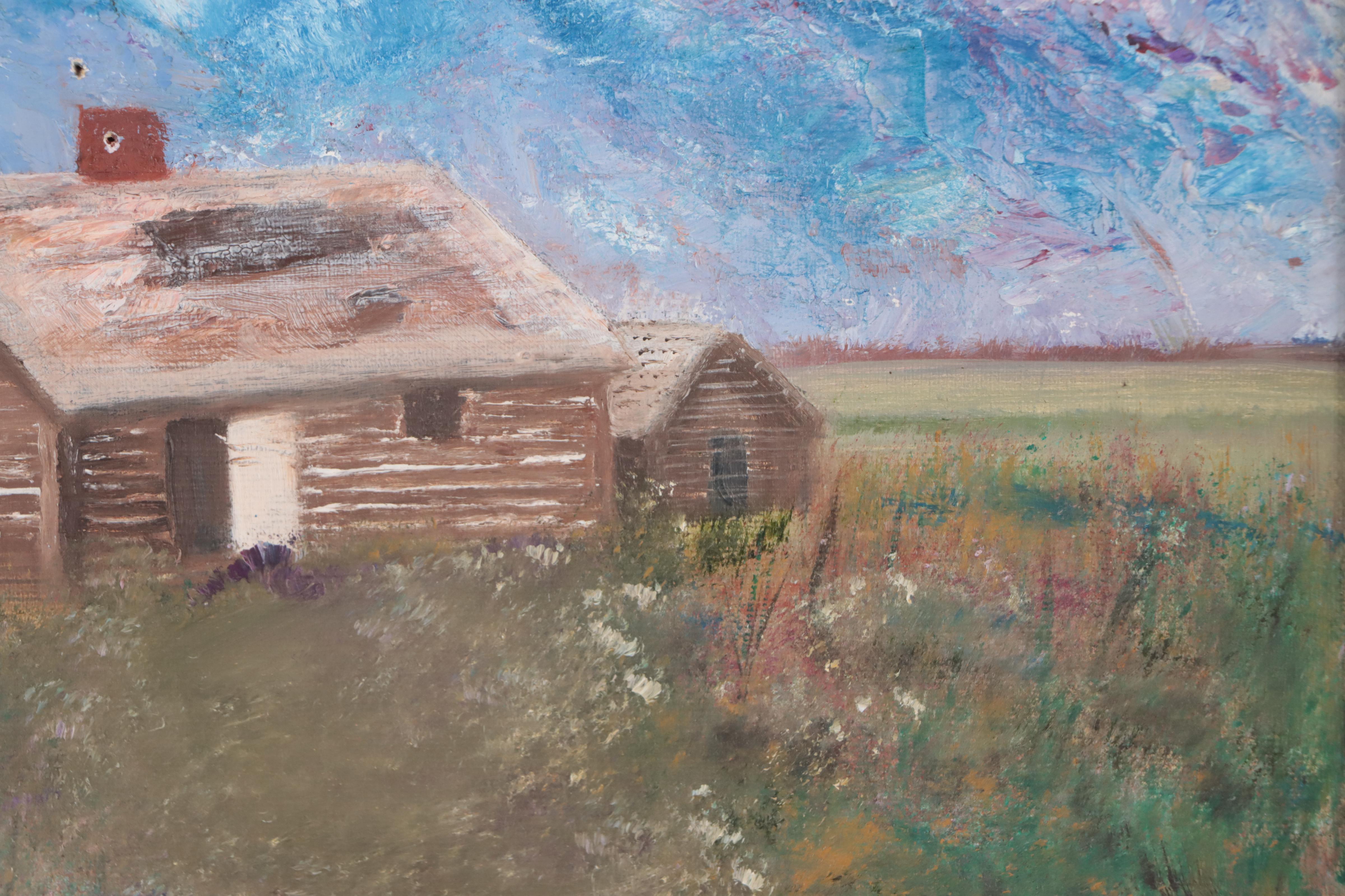 Naive Oil Painting of Log Cabin in Mountain Landscape, 1981