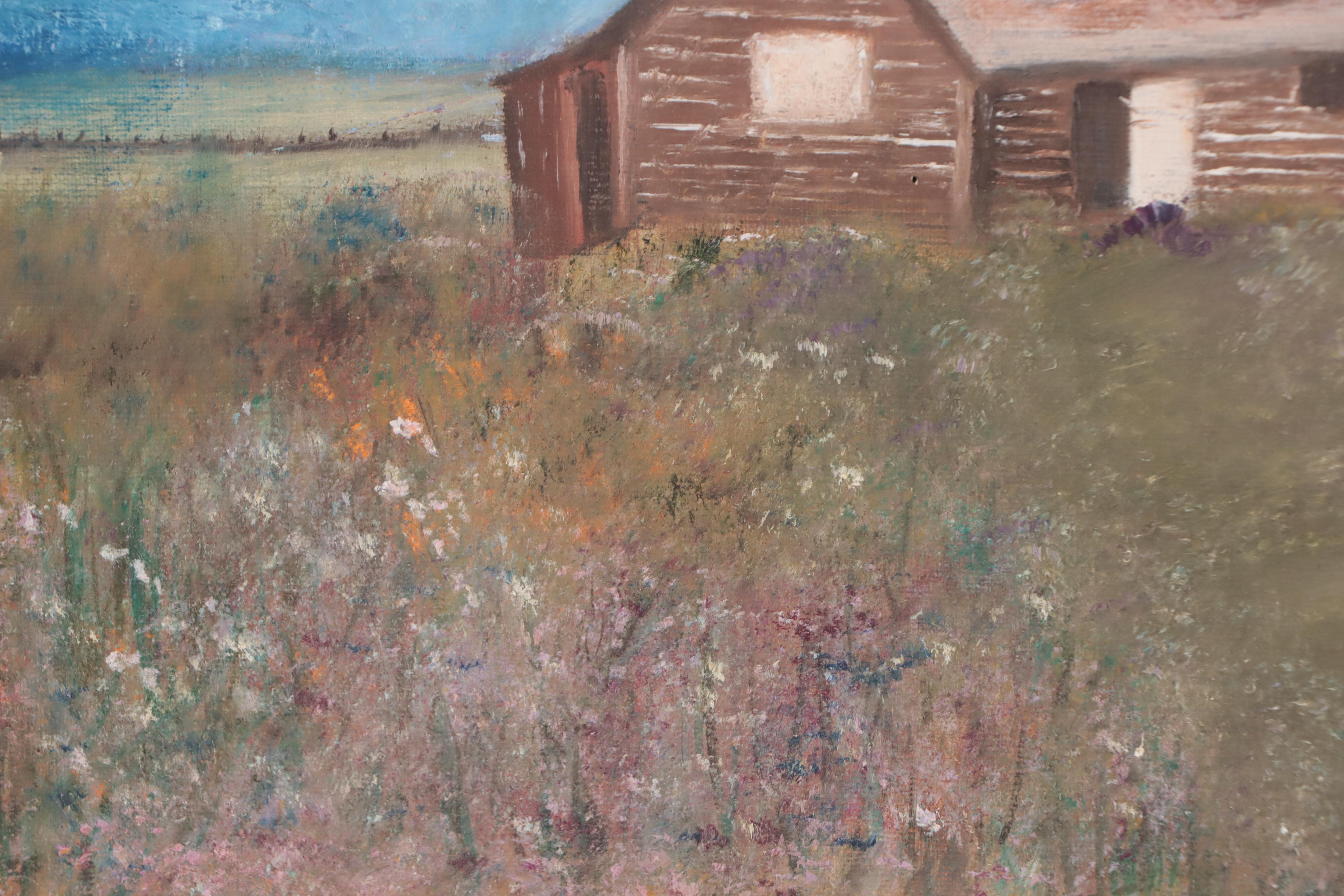 Naive Oil Painting of Log Cabin in Mountain Landscape, 1981