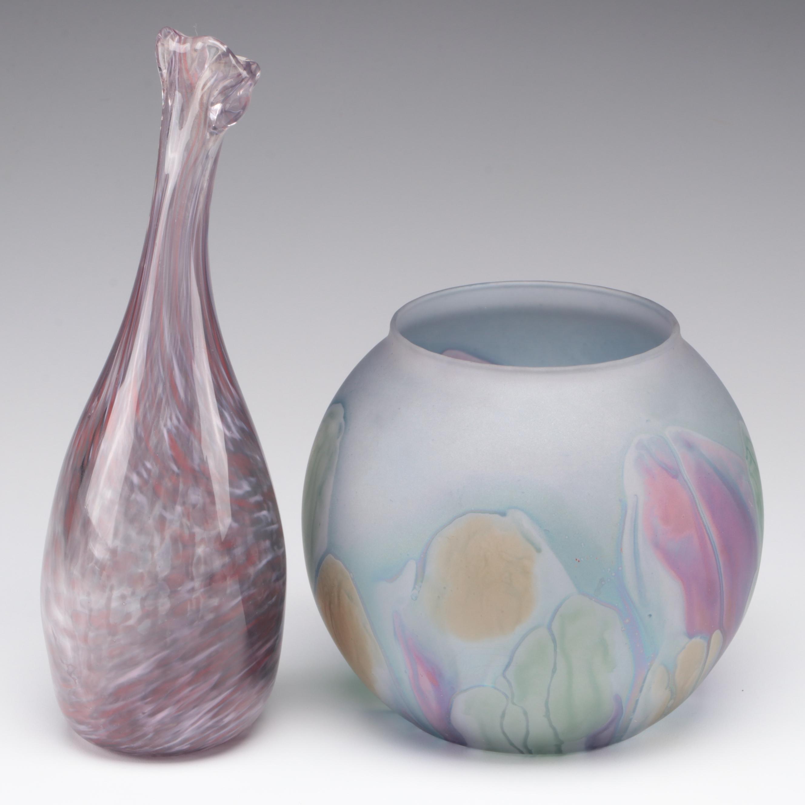 Art Nouveau Glass Company Painted Rueven Glass Vase and Pulled Art Glass Vase
