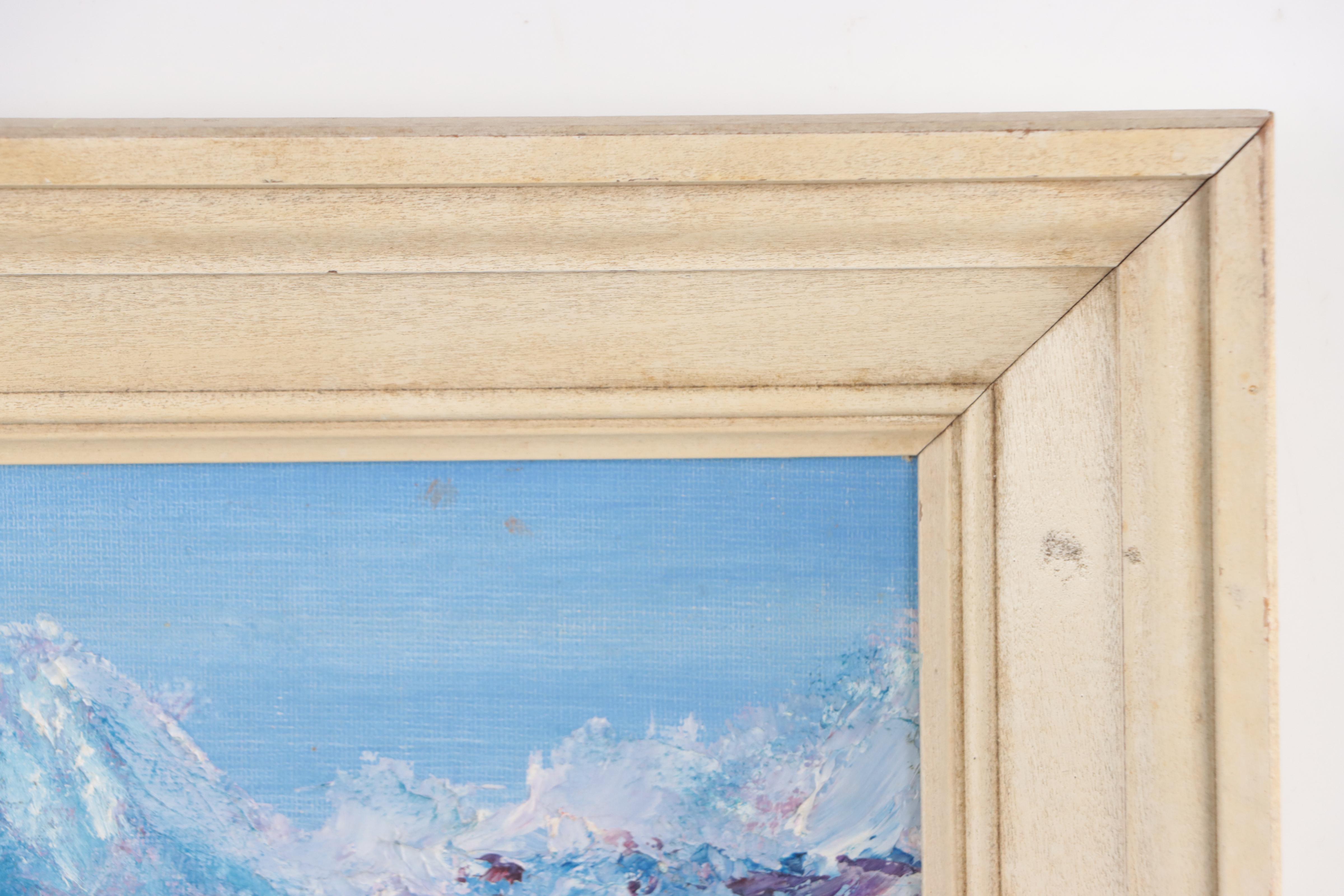 Naive Oil Painting of Log Cabin in Mountain Landscape, 1981