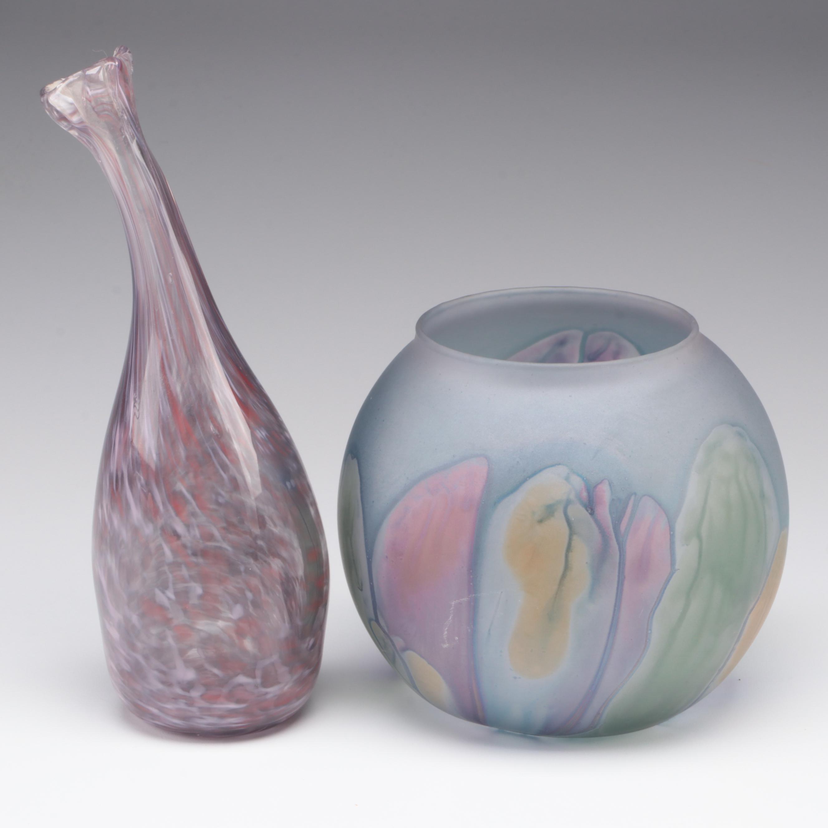 Art Nouveau Glass Company Painted Rueven Glass Vase and Pulled Art Glass Vase
