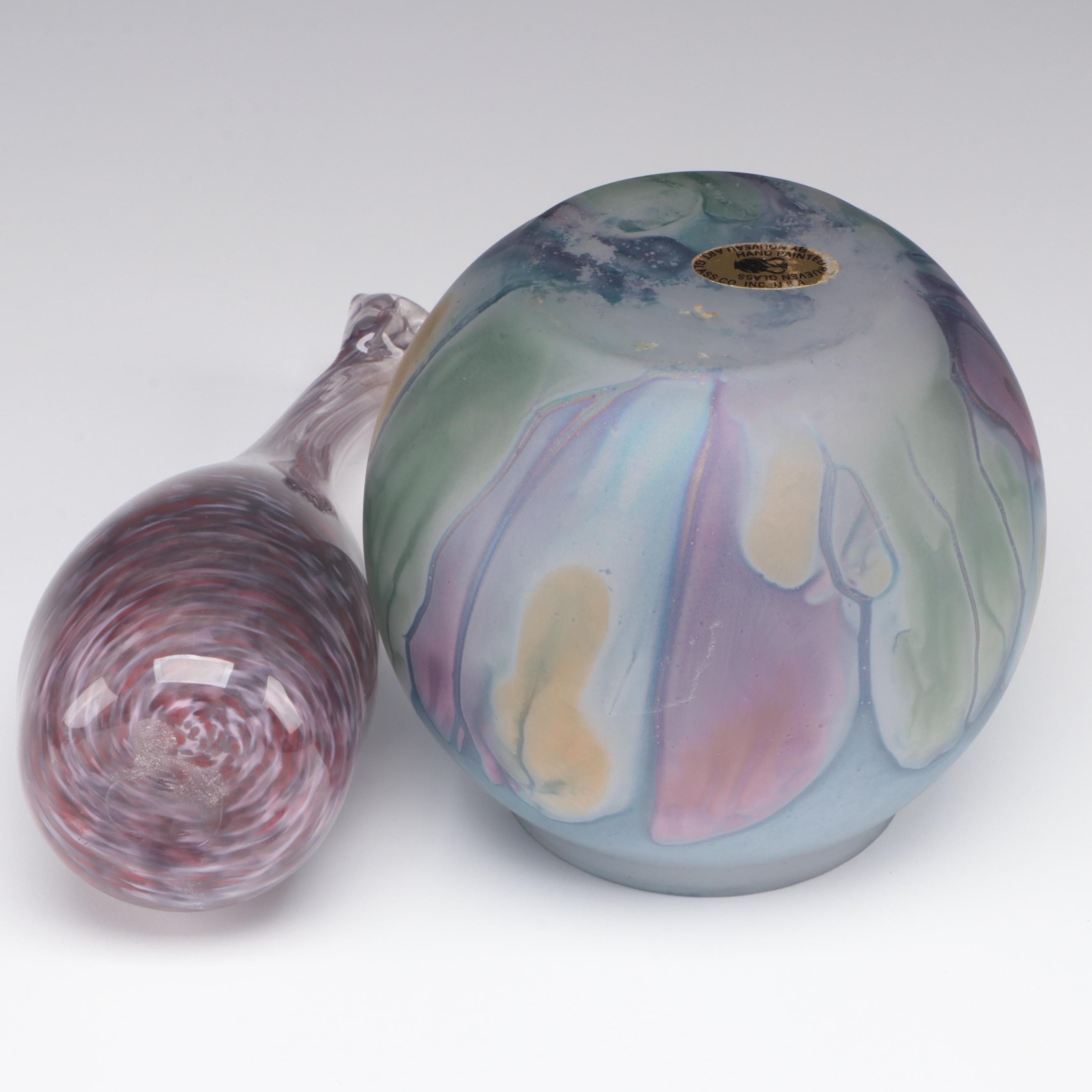 Art Nouveau Glass Company Painted Rueven Glass Vase and Pulled Art Glass Vase