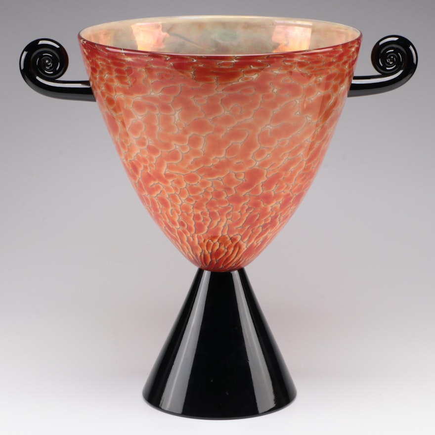 Cohn-Stone Studios Signed Art Glass Tortoise Shell Footed Urn Vase, 1993