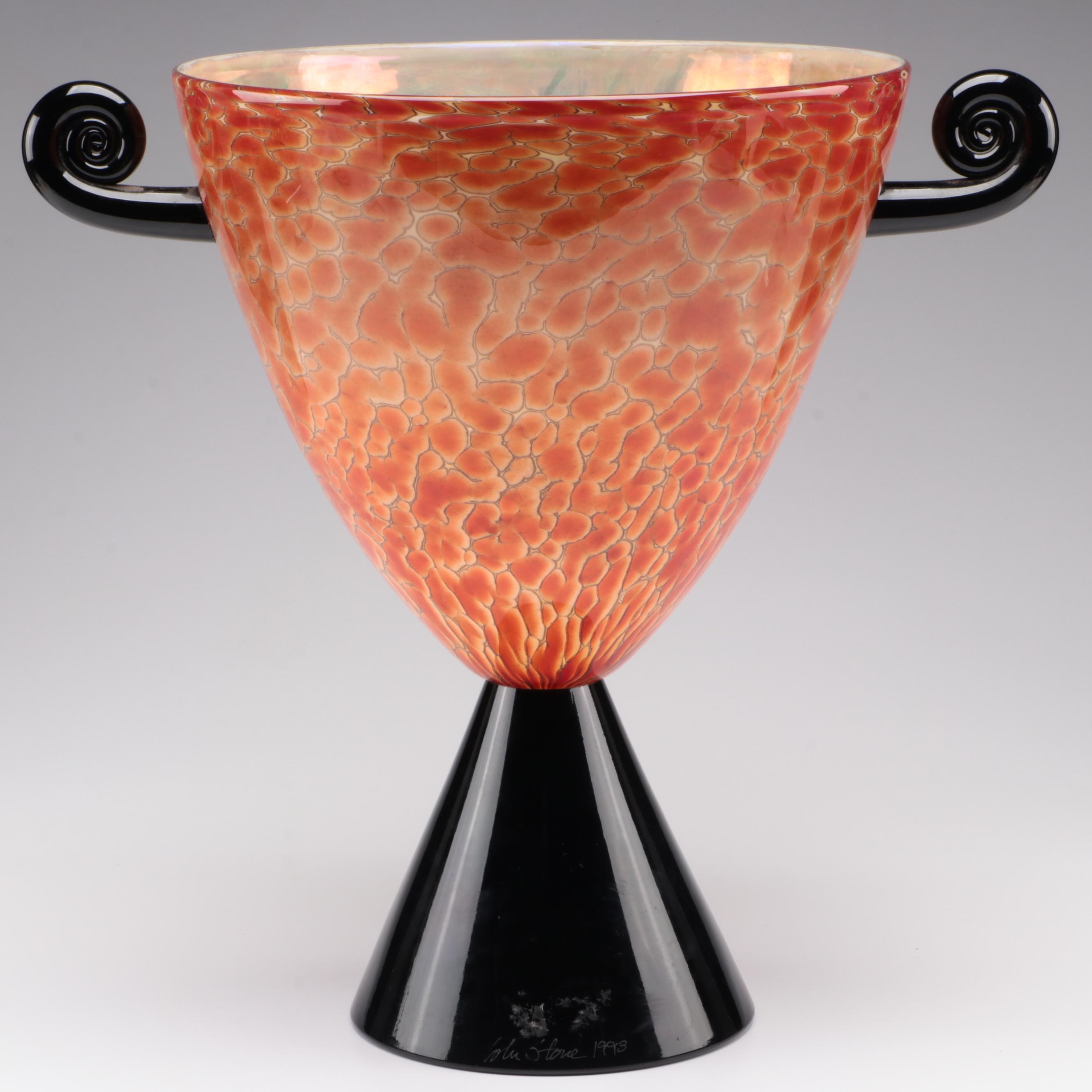 Cohn-Stone Studios Signed Art Glass Tortoise Shell Footed Urn Vase, 1993