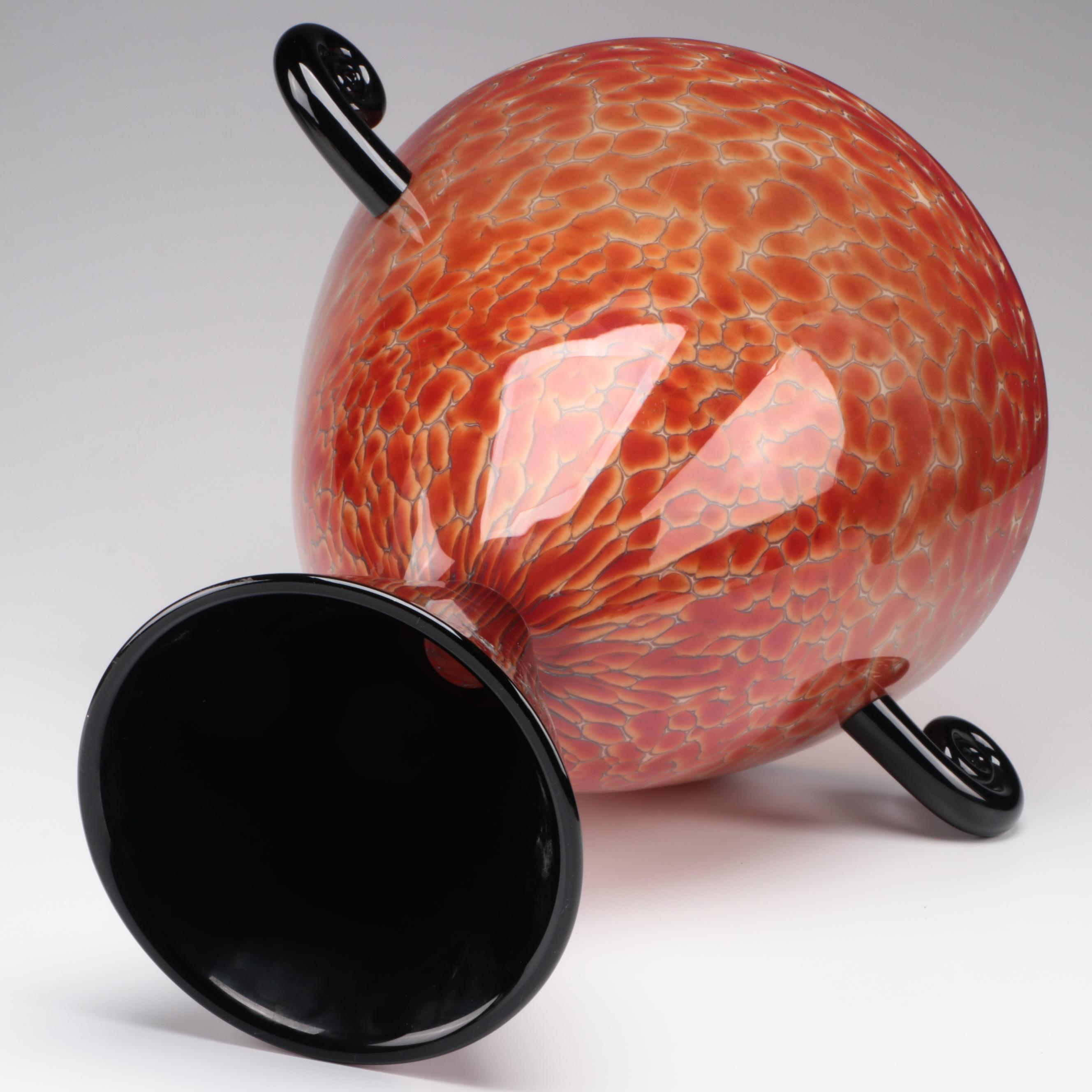 Cohn-Stone Studios Signed Art Glass Tortoise Shell Footed Urn Vase, 1993