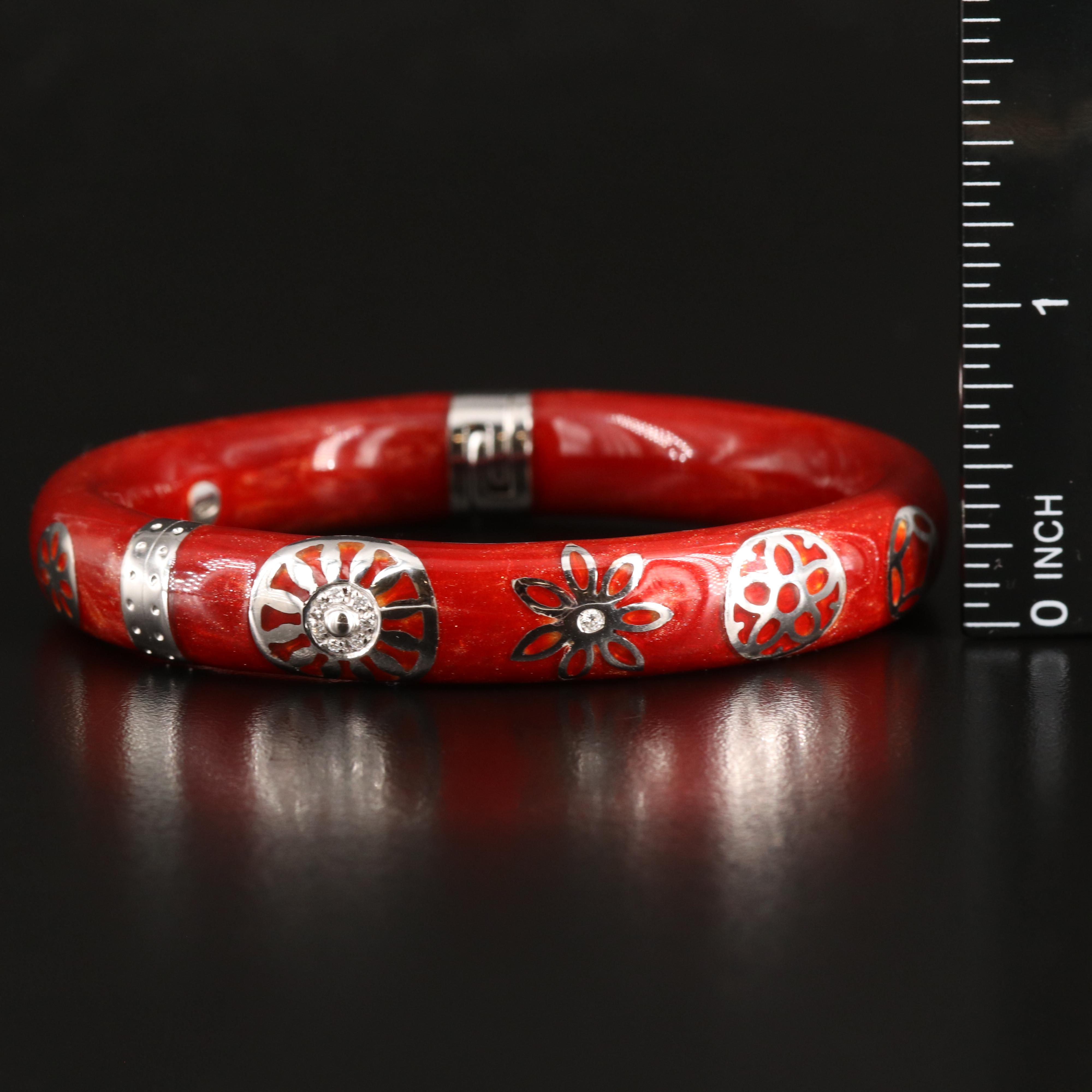 La Nouvelle Bague Sterling and 18K Diamond and Red Enamel Bangle