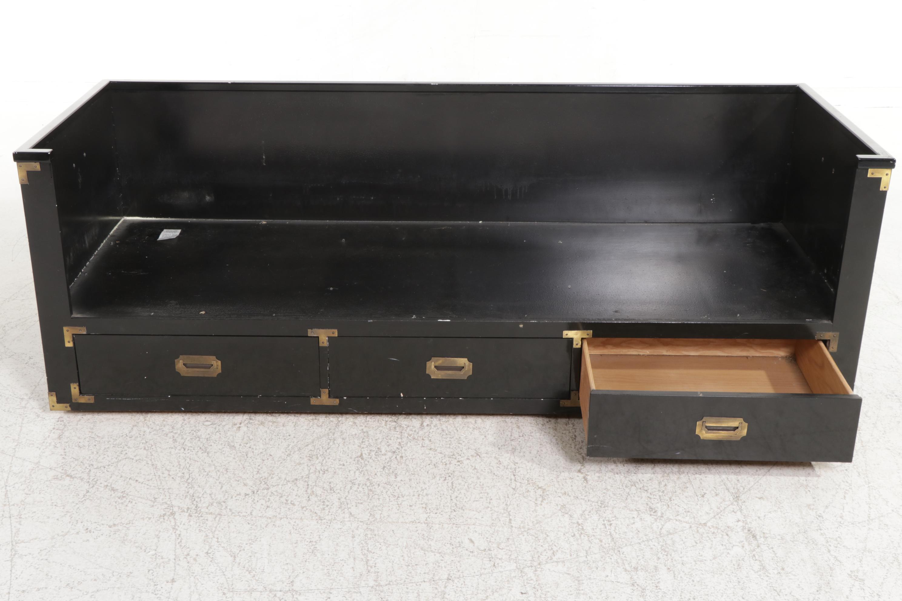 Campaign Style Ebonized Wood Daybed Sofa with Drawers, Late 20th Century